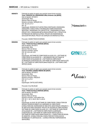 MARCAS - RPI 2249 de 11/02/2014
906948576

Publicação de pedido de registro para oposição (exame formal concluído)
Titular: GERAÇÃO SUL ENGENHARIA & Meio Ambiente Ltda [BR/RS]
Data de depósito: 29/10/2013
Apresentação: Mista
Natureza: Marca de Serviço
Elemento nominativo: GERAÇÃO SUL
CFE: 26.3.24 e 27.5.1
NCL: 42
Especificação: DESENHO DE PLANTAS PARA CONSTRUÇÃO; ENGENHARIA;
ASSESSORIA, CONSULTORIA E INFORMAÇÕES SOBRE ENGENHARIA
INDUSTRIAL; ENGENHARIA CIVIL [PROJETO DE -]; ENGENHARIA ELÉTRICA
[PROJETO DE -]; ENGENHARIA METALÚRGICA [PROJETO DE -]; PROJETO DE
DISTRIBUIÇÃO DE ENERGIA ELÉTRICA; PROJETO DE ENGENHARIA DE
QUALQUER NATUREZA; PROJETO DE GERAÇÃO DE ENERGIA ELÉTRICA;
Procurador: DAIANE PINOS DE MORAES

906948584

Publicação de pedido de registro para oposição (exame formal concluído)
Titular: THIAGO DE PAULA ANDRADE [BR/GO]
Data de depósito: 29/10/2013
Apresentação: Mista
Natureza: Marca de Serviço
Elemento nominativo: Gynbus
CFE: 26.13.25 e 26.15.25
NCL: 42
Especificação: SOFTWARE DE COMPUTADOR (ALUGUEL DE -); SOFTWARE DE
COMPUTADOR (ATUALIZAÇÃO DE -) - [INFORMAÇÃO EM]; SOFTWARE DE
COMPUTADOR (ATUALIZAÇÃO DE -); SOFTWARE DE COMPUTADOR
(ELABORAÇÃO [CONCEPÇÃO] DE-); SOFTWARE DE COMPUTADOR (INSTALAÇÃO
DE -); SOFTWARE DE COMPUTADOR (MANUTENÇÃO DE -); SOFTWARE COMO
SERVIÇO [SAAS];

906948592

Publicação de pedido de registro para oposição (exame formal concluído)
Titular: EDUARDO CANDIDO RIBEIRO ME [BR/SP]
Data de depósito: 29/10/2013
Apresentação: Mista
Natureza: Marca de Produto
Elemento nominativo: VINLEDU'S
CFE: 9.3.17 e 27.5.1
NCL: 25
Especificação: CINTOS [VESTUÁRIO];
Procurador: Erica Rita Morelli

906948606

Publicação de pedido de registro para oposição (exame formal concluído)
Titular: THIAGO DE PAULA ANDRADE [BR/GO]
Data de depósito: 29/10/2013
Apresentação: Mista
Natureza: Marca de Serviço
Elemento nominativo: umobi platform free
CFE: 26.1.1, 26.1.2, 26.2.5, 26.2.7 e 26.2.8
NCL: 42
Especificação: ALUGUEL DE SOFTWARE DE COMPUTADOR; CONSULTORIA EM
DESIGN E DESENVOLVIMENTO DE HARDWARE DE COMPUTADOR [CONSULTORIA EM]; HOSPEDAGEM DE WEB SITES; MANUTENÇÃO (CRIAÇÃO E -)
DE WEB SITES PARA TERCEIROS; PROJETO DE SISTEMA DE COMPUTADORES;
SOFTWARE DE COMPUTADOR (ALUGUEL DE -); SOFTWARE DE COMPUTADOR
(ATUALIZAÇÃO DE -); SOFTWARE DE COMPUTADOR (ELABORAÇÃO
[CONCEPÇÃO] DE-); SOFTWARE DE COMPUTADOR (INSTALAÇÃO DE -);
SOFTWARE DE COMPUTADOR (MANUTENÇÃO DE -); CONSULTORIA EM DESIGN
DE WEBSITES - [CONSULTORIA EM]; CONSULTORIA EM TECNOLOGIA DA
INFORMAÇÃO (TI) (SERVIÇOS DE -) - [CONSULTORIA EM]; HOSPEDAGEM DE
SERVIDORES;

284

 
