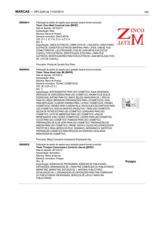 MARCAS - RPI 2249 de 11/02/2014
906948614

285

Publicação de pedido de registro para oposição (exame formal concluído)
Titular: Zinco Metal Comercial Ltda. [BR/SP]
Data de depósito: 29/10/2013
Apresentação: Mista
Natureza: Marca de Produto
Elemento nominativo: ZINCO METAL
CFE: 27.1.2, 27.1.16, 27.5.1 e 27.5.14
NCL: 9
Especificação: CABOS ELÉTRICOS; COBRE (FIOS DE -) ISOLADOS; CONDUTORES
ELÉTRICOS; CONDUTOS ELÉTRICOS (MATERIAL PARA -) [FIOS, CABOS]; FIOS
(CONECTORES DE -) [ELETRICIDADE]; FIOS DE LIGAS METÁLICAS [FIO DE
FUSÍVEL]; FIOS ELÉTRICOS; IDENTIFICAÇÃO (FIOS PARA -) PARA FIOS
ELÉTRICOS; IDENTIFICADORES PARA FIOS ELÉTRICOS; LIGAS METÁLICAS (FIOS
DE -) [FIO DE FUSÍVEL];
Procurador: Priscila de Carvalho Ruiz Perez

906948622

Publicação de pedido de registro para oposição (exame formal concluído)
Titular: Telnac Brasil Ltda- ME [BR/PR]
Data de depósito: 29/10/2013
Apresentação: Mista
Natureza: Marca de Produto
Elemento nominativo: TELNAC COSMÉTICOS
CFE: 26.13.25 e 27.5.1
NCL: 3
Especificação: ADSTRINGENTES PARA USO COSMÉTICO; ÁGUA OXIGENADA
[PERÓXIDO DE HIDROGÊNIO] PARA USO COSMÉTICO; AROMÁTICOS [ÓLEOS
ESSENCIAIS]; BATONS PARA OS LÁBIOS; BELEZA (MÁSCARAS DE -); BRILHO
PARA OS LÁBIOS; BRONZEAR (PREPARAÇÕES PARA-) [COSMÉTICOS]; CERA
PARA DEPILAÇÃO; CLAREAR (CREMES PARA -) A PELE; COSMÉTICOS; CREMES
COSMÉTICOS; CREMES PARA CLAREAR PELE; DECALQUES DECORATIVOS PARA
USO COSMÉTICO; DESCOLORANTES (PRODUTOS -) PARA USO COSMÉTICO;
GELÉIA DE PETRÓLEO PARA USO COSMÉTICO; GORDURAS PARA USO
COSMÉTICO; LEITE DE AMÊNDOAS PARA USO COSMÉTICO; LENÇOS
IMPREGNADOS COM LOÇÕES COSMÉTICAS; LOÇÕES PARA USO COSMÉTICO;
ÓLEOS PARA USO COSMÉTICO; POMADAS PARA USO COSMÉTICO;
PREPARAÇÕES DE ALOE VERA PARA USO COSMÉTICO; PREPARAÇÕES DE
BABOSA PARA USO COSMÉTICO; CREME, PASTA E LÍQUIDO REJUVENESCEDOR,
PROTETOR E PARA LIMPEZA DA PELE, ORGÂNICO, INORGÂNICO E SINTÉTICO;
PREPARAÇÃO COSMÉTICA PARA REDUÇÃO DA GORDURA LOCALIZADA;
REMOVEDOR DE COSMÉTICO;
Procurador: Marpa Consultoria e Assessoria Empresarial Ltda.

906948630

Publicação de pedido de registro para oposição (exame formal concluído)
Titular: Prosigno Comunicação e Comércio Ltda-me [BR/SP]
Data de depósito: 29/10/2013
Apresentação: Nominativa
Natureza: Marca de Serviço
Elemento nominativo: Prosigno
NCL: 35
Especificação: AGÊNCIAS DE PROPAGANDA; AGÊNCIAS DE PUBLICIDADE;
EXPOSIÇÕES (ORGANIZAÇÃO DE -) PARA FINS COMERCIAIS OU PUBLICITÁRIOS;
MARKETING; MARKETING (ESTUDOS DE -); MATERIAL PUBLICITÁRIO
(ATUALIZAÇÃO DE -); ORGANIZAÇÃO DE EXPOSIÇÕES PARA FINS COMERCIAIS
OU PUBLICITÁRIOS; PROPAGANDA; SERVIÇOS DE LAYOUT PARA FINS
PUBLICITÁRIOS;

Prosigno

 