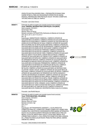 MARCAS - RPI 2249 de 11/02/2014
(PRODUTOS NEUTRALIZADORES PARA -); PREPARAÇÕES DE BANHO PARA
HIGIENE ÍNTIMA OU PARA USO DESODORANTE [PRODUTOS DE HIGIENE
PESSOAL]; PREPARAÇÕES PARA PROTEÇÃO SOLAR; TINTURAS COSMÉTICAS;
TINTURAS PARA OS CABELOS; XAMPUS;
Procurador: José Carlos Ferreira
906948711

Publicação de pedido de registro para oposição (exame formal concluído)
Titular: PINHEIRAL MATERIAIS PARA CONSTRUÇÃO LTDA [BR/SP]
Data de depósito: 29/10/2013
Apresentação: Mista
Natureza: Marca de Serviço
Elemento nominativo: ESTOQUETOTAL Distribuidora de Materiais de Construção
CFE: 26.4.9, 26.11.2, 26.11.10 e 27.5.1
NCL: 35
Especificação: ADMINISTRAÇÃO COMERCIAL; COMÉRCIO (ATRAVÉS DE
QUALQUER MEIO) DE AMIANTO; COMÉRCIO (ATRAVÉS DE QUALQUER MEIO) DE
APARELHOS DE AQUECIMENTO; COMÉRCIO (ATRAVÉS DE QUALQUER MEIO) DE
APARELHOS DE DISTRIBUIÇÃO DE ÁGUA; COMÉRCIO (ATRAVÉS DE QUALQUER
MEIO) DE APARELHOS DE INSTALAÇÕES SANITÁRIAS; COMÉRCIO (ATRAVÉS DE
QUALQUER MEIO) DE APARELHOS DE REFRIGERAÇÃO; COMÉRCIO (ATRAVÉS DE
QUALQUER MEIO) DE APARELHOS DE VENTILAÇÃO; COMÉRCIO (ATRAVÉS DE
QUALQUER MEIO) DE ARTIGOS DE FERRAGEM; COMÉRCIO (ATRAVÉS DE
QUALQUER MEIO) DE ARTIGOS DE ILUMINAÇÃO; COMÉRCIO (ATRAVÉS DE
QUALQUER MEIO) DE ARTIGOS DE VIDRO; COMÉRCIO (ATRAVÉS DE QUALQUER
MEIO) DE CABOS E FIOS DE METAL COMUNS NÃO ELÉTRICOS; COMÉRCIO
(ATRAVÉS DE QUALQUER MEIO) DE CORDAS E FIOS; COMÉRCIO (ATRAVÉS DE
QUALQUER MEIO) DE ESPELHOS; COMÉRCIO (ATRAVÉS DE QUALQUER MEIO)
DE FERRAMENTAS MANUAIS; COMÉRCIO (ATRAVÉS DE QUALQUER MEIO) DE
INSTRUMENTOS MANUAIS (PROPULSÃO MUSCULAR); COMÉRCIO (ATRAVÉS DE
QUALQUER MEIO) DE MÁQUINAS FERRAMENTAS; COMÉRCIO (ATRAVÉS DE
QUALQUER MEIO) DE MATERIAIS DE CONSTRUÇÃO METÁLICOS; COMÉRCIO
(ATRAVÉS DE QUALQUER MEIO) DE MATERIAIS DE CONSTRUÇÃO NÃO
METÁLICOS; COMÉRCIO (ATRAVÉS DE QUALQUER MEIO) DE MATÉRIAS PARA
CALAFETAR, VEDAR E ISOLAR; COMÉRCIO (ATRAVÉS DE QUALQUER MEIO) DE
MOLDURAS; COMÉRCIO (ATRAVÉS DE QUALQUER MEIO) DE MÓVEIS; COMÉRCIO
(ATRAVÉS DE QUALQUER MEIO) DE PRESERVATIVOS CONTRA OXIDAÇÃO E
CONTRA A DETERIORAÇÃO DA MADEIRA; COMÉRCIO (ATRAVÉS DE QUALQUER
MEIO) DE PRODUTOS ABRASIVOS PARA LIMPEZA; COMÉRCIO (ATRAVÉS DE
QUALQUER MEIO) DE PRODUTOS DE METAL COMUM; COMÉRCIO (ATRAVÉS DE
QUALQUER MEIO) DE PRODUTOS DE SERRALHARIA; COMÉRCIO (ATRAVÉS DE
QUALQUER MEIO) DE PRODUTOS FEITOS DE MADEIRA; COMÉRCIO (ATRAVÉS DE
QUALQUER MEIO) DE TINTAS, VERNIZES, LACAS; COMÉRCIO (ATRAVÉS DE
QUALQUER MEIO) DE TUBOS FLEXÍVEIS NÃO METÁLICOS; COMÉRCIO (ATRAVÉS
DE QUALQUER MEIO) DE TUBOS METÁLICOS; COMÉRCIO (ATRAVÉS DE
QUALQUER MEIO) DE UTENSÍLIOS E RECIPIENTES PARA A CASA OU A COZINHA;
Procurador: Jose Rodolfo Mazzoni

906948720

Publicação de pedido de registro para oposição (exame formal concluído)
Titular: FRYSK INDUSTRIAL LTDA [BR/BA]
Data de depósito: 29/10/2013
Apresentação: Mista
Natureza: Marca de Produto
Elemento nominativo: Agô
CFE: 27.5.1
NCL: 3
Especificação: ANTITRANSPIRANTE (SABONETE -); CÍLIOS (PRODUTOS
COSMÉTICOS PARA OS-); COSMÉTICOS; CREMES COSMÉTICOS; CREMES PARA
CLAREAR PELE; DENTIFRÍCIOS; DESODORANTES [PERFUMARIA]; DETERGENTES
EXCETO OS UTILIZADOS DURANTE PROCESSO DE FABRICAÇÃO E PARA USO
MÉDICO; LEITES DE LIMPEZA PARA TOALETE; ÓLEOS PARA LIMPEZA; PELE
(CREMES PARA CLAREAR A -); PELE (PRODUTOS COSMÉTICOS PARA CUIDADOS
DA -); PRODUTOS PARA ALVEJAR ROUPA; PRODUTOS PARA LIMPEZA; SABÕES;
SABONETES; XAMPUS;
Procurador: CARLOS BASILIO DOS SANTOS

288

 