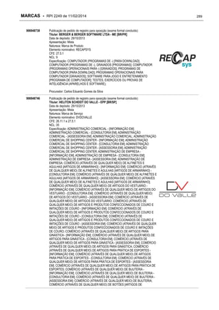 MARCAS - RPI 2249 de 11/02/2014
906948738

Publicação de pedido de registro para oposição (exame formal concluído)
Titular: BERGER & BERGER SOFTWARE LTDA - ME [BR/PR]
Data de depósito: 29/10/2013
Apresentação: Mista
Natureza: Marca de Produto
Elemento nominativo: RECAPSYS
CFE: 27.5.1
NCL: 9
Especificação: COMPUTADOR (PROGRAMAS DE -) [PARA DOWNLOAD];
COMPUTADOR (PROGRAMAS DE -), GRAVADOS [PROGRAMAS]; COMPUTADOR
(PROGRAMAS OPERACIONAIS PARA -) [GRAVADOS]; PROGRAMAS DE
COMPUTADOR [PARA DOWNLOAD]; PROGRAMAS OPERACIONAIS PARA
COMPUTADOR [GRAVADOS]; SOFTWARE PARA JOGO E ENTRETENIMENTO
[PROGRAMA DE COMPUTADOR]; TESTES, EXERCÍCIOS OU PROVAS DE
INTELIGÊNCIA (APARELHOS E SOFTWARE);
Procurador: Carlos Eduardo Gomes da Silva

906948746

Publicação de pedido de registro para oposição (exame formal concluído)
Titular: HELITON SCHEIDT DO VALLE - EPP [BR/SP]
Data de depósito: 29/10/2013
Apresentação: Mista
Natureza: Marca de Serviço
Elemento nominativo: DVDOVALLE
CFE: 26.11.1 e 27.5.1
NCL: 35
Especificação: ADMINISTRAÇÃO COMERCIAL - [INFORMAÇÃO EM];
ADMINISTRAÇÃO COMERCIAL - [CONSULTORIA EM]; ADMINISTRAÇÃO
COMERCIAL - [ASSESSORIA EM]; ADMINISTRAÇÃO COMERCIAL; ADMINISTRAÇÃO
COMERCIAL DE SHOPPING CENTER - [INFORMAÇÃO EM]; ADMINISTRAÇÃO
COMERCIAL DE SHOPPING CENTER - [CONSULTORIA EM]; ADMINISTRAÇÃO
COMERCIAL DE SHOPPING CENTER - [ASSESSORIA EM]; ADMINISTRAÇÃO
COMERCIAL DE SHOPPING CENTER; ADMINISTRAÇÃO DE EMPRESA [INFORMAÇÃO EM]; ADMINISTRAÇÃO DE EMPRESA - [CONSULTORIA EM];
ADMINISTRAÇÃO DE EMPRESA - [ASSESSORIA EM]; ADMINISTRAÇÃO DE
EMPRESA; COMÉRCIO (ATRAVÉS DE QUALQUER MEIO) DE ALFINETES E
AGULHAS [ARTIGOS DE ARMARINHO] - [INFORMAÇÃO EM]; COMÉRCIO (ATRAVÉS
DE QUALQUER MEIO) DE ALFINETES E AGULHAS [ARTIGOS DE ARMARINHO] [CONSULTORIA EM]; COMÉRCIO (ATRAVÉS DE QUALQUER MEIO) DE ALFINETES E
AGULHAS [ARTIGOS DE ARMARINHO] - [ASSESSORIA EM]; COMÉRCIO (ATRAVÉS
DE QUALQUER MEIO) DE ALFINETES E AGULHAS [ARTIGOS DE ARMARINHO];
COMÉRCIO (ATRAVÉS DE QUALQUER MEIO) DE ARTIGOS DO VESTUÁRIO [INFORMAÇÃO EM]; COMÉRCIO (ATRAVÉS DE QUALQUER MEIO) DE ARTIGOS DO
VESTUÁRIO - [CONSULTORIA EM]; COMÉRCIO (ATRAVÉS DE QUALQUER MEIO)
DE ARTIGOS DO VESTUÁRIO - [ASSESSORIA EM]; COMÉRCIO (ATRAVÉS DE
QUALQUER MEIO) DE ARTIGOS DO VESTUÁRIO; COMÉRCIO (ATRAVÉS DE
QUALQUER MEIO) DE ARTIGOS E PRODUTOS CONFECCIONADOS DE COURO E
IMITAÇÕES DE COURO - [INFORMAÇÃO EM]; COMÉRCIO (ATRAVÉS DE
QUALQUER MEIO) DE ARTIGOS E PRODUTOS CONFECCIONADOS DE COURO E
IMITAÇÕES DE COURO - [CONSULTORIA EM]; COMÉRCIO (ATRAVÉS DE
QUALQUER MEIO) DE ARTIGOS E PRODUTOS CONFECCIONADOS DE COURO E
IMITAÇÕES DE COURO - [ASSESSORIA EM]; COMÉRCIO (ATRAVÉS DE QUALQUER
MEIO) DE ARTIGOS E PRODUTOS CONFECCIONADOS DE COURO E IMITAÇÕES
DE COURO; COMÉRCIO (ATRAVÉS DE QUALQUER MEIO) DE ARTIGOS PARA
GINÁSTICA - [INFORMAÇÃO EM]; COMÉRCIO (ATRAVÉS DE QUALQUER MEIO) DE
ARTIGOS PARA GINÁSTICA - [CONSULTORIA EM]; COMÉRCIO (ATRAVÉS DE
QUALQUER MEIO) DE ARTIGOS PARA GINÁSTICA - [ASSESSORIA EM]; COMÉRCIO
(ATRAVÉS DE QUALQUER MEIO) DE ARTIGOS PARA GINÁSTICA; COMÉRCIO
(ATRAVÉS DE QUALQUER MEIO) DE ARTIGOS PARA PRÁTICA DE ESPORTES [INFORMAÇÃO EM]; COMÉRCIO (ATRAVÉS DE QUALQUER MEIO) DE ARTIGOS
PARA PRÁTICA DE ESPORTES - [CONSULTORIA EM]; COMÉRCIO (ATRAVÉS DE
QUALQUER MEIO) DE ARTIGOS PARA PRÁTICA DE ESPORTES - [ASSESSORIA
EM]; COMÉRCIO (ATRAVÉS DE QUALQUER MEIO) DE ARTIGOS PARA PRÁTICA DE
ESPORTES; COMÉRCIO (ATRAVÉS DE QUALQUER MEIO) DE BIJUTERIA [INFORMAÇÃO EM]; COMÉRCIO (ATRAVÉS DE QUALQUER MEIO) DE BIJUTERIA [CONSULTORIA EM]; COMÉRCIO (ATRAVÉS DE QUALQUER MEIO) DE BIJUTERIA [ASSESSORIA EM]; COMÉRCIO (ATRAVÉS DE QUALQUER MEIO) DE BIJUTERIA;
COMÉRCIO (ATRAVÉS DE QUALQUER MEIO) DE BOTÕES [ARTIGOS DE

289

 