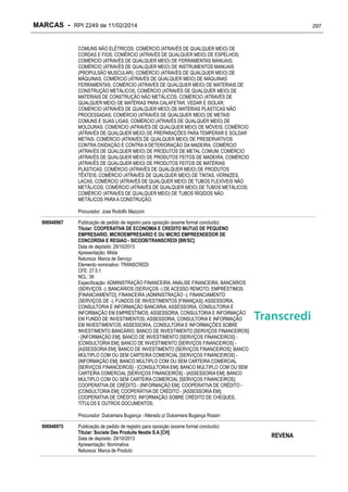 MARCAS - RPI 2249 de 11/02/2014

297

COMUNS NÃO ELÉTRICOS; COMÉRCIO (ATRAVÉS DE QUALQUER MEIO) DE
CORDAS E FIOS; COMÉRCIO (ATRAVÉS DE QUALQUER MEIO) DE ESPELHOS;
COMÉRCIO (ATRAVÉS DE QUALQUER MEIO) DE FERRAMENTAS MANUAIS;
COMÉRCIO (ATRAVÉS DE QUALQUER MEIO) DE INSTRUMENTOS MANUAIS
(PROPULSÃO MUSCULAR); COMÉRCIO (ATRAVÉS DE QUALQUER MEIO) DE
MÁQUINAS; COMÉRCIO (ATRAVÉS DE QUALQUER MEIO) DE MÁQUINAS
FERRAMENTAS; COMÉRCIO (ATRAVÉS DE QUALQUER MEIO) DE MATERIAIS DE
CONSTRUÇÃO METÁLICOS; COMÉRCIO (ATRAVÉS DE QUALQUER MEIO) DE
MATERIAIS DE CONSTRUÇÃO NÃO METÁLICOS; COMÉRCIO (ATRAVÉS DE
QUALQUER MEIO) DE MATÉRIAS PARA CALAFETAR, VEDAR E ISOLAR;
COMÉRCIO (ATRAVÉS DE QUALQUER MEIO) DE MATÉRIAS PLÁSTICAS NÃO
PROCESSADAS; COMÉRCIO (ATRAVÉS DE QUALQUER MEIO) DE METAIS
COMUNS E SUAS LIGAS; COMÉRCIO (ATRAVÉS DE QUALQUER MEIO) DE
MOLDURAS; COMÉRCIO (ATRAVÉS DE QUALQUER MEIO) DE MÓVEIS; COMÉRCIO
(ATRAVÉS DE QUALQUER MEIO) DE PREPARAÇÕES PARA TEMPERAR E SOLDAR
METAIS; COMÉRCIO (ATRAVÉS DE QUALQUER MEIO) DE PRESERVATIVOS
CONTRA OXIDAÇÃO E CONTRA A DETERIORAÇÃO DA MADEIRA; COMÉRCIO
(ATRAVÉS DE QUALQUER MEIO) DE PRODUTOS DE METAL COMUM; COMÉRCIO
(ATRAVÉS DE QUALQUER MEIO) DE PRODUTOS FEITOS DE MADEIRA; COMÉRCIO
(ATRAVÉS DE QUALQUER MEIO) DE PRODUTOS FEITOS DE MATÉRIAS
PLÁSTICAS; COMÉRCIO (ATRAVÉS DE QUALQUER MEIO) DE PRODUTOS
TÊXTEIS; COMÉRCIO (ATRAVÉS DE QUALQUER MEIO) DE TINTAS, VERNIZES,
LACAS; COMÉRCIO (ATRAVÉS DE QUALQUER MEIO) DE TUBOS FLEXÍVEIS NÃO
METÁLICOS; COMÉRCIO (ATRAVÉS DE QUALQUER MEIO) DE TUBOS METÁLICOS;
COMÉRCIO (ATRAVÉS DE QUALQUER MEIO) DE TUBOS RÍGIDOS NÃO
METÁLICOS PARA A CONSTRUÇÃO;
Procurador: Jose Rodolfo Mazzoni
906948967

Publicação de pedido de registro para oposição (exame formal concluído)
Titular: COOPERATIVA DE ECONOMIA E CREDITO MUTUO DE PEQUENO
EMPRESARIO, MICROEMPRESARIO E OU MICRO EMPREENDEDOR DE
CONCORDIA E REGIAO - SICOOB/TRANSCREDI [BR/SC]
Data de depósito: 29/10/2013
Apresentação: Mista
Natureza: Marca de Serviço
Elemento nominativo: TRANSCREDI
CFE: 27.5.1
NCL: 36
Especificação: ADMINISTRAÇÃO FINANCEIRA; ANÁLISE FINANCEIRA; BANCÁRIOS
(SERVIÇOS -); BANCÁRIOS (SERVIÇOS -) DE ACESSO REMOTO; EMPRÉSTIMOS
[FINANCIAMENTO]; FINANCEIRA (ADMINISTRAÇÃO -); FINANCIAMENTO
(SERVIÇOS DE -); FUNDOS DE INVESTIMENTOS [FINANÇAS]; ASSESSORIA,
CONSULTORIA E INFORMAÇÃO BANCÁRIA; ASSESSORIA, CONSULTORIA E
INFORMAÇÃO EM EMPRÉSTIMOS; ASSESSORIA, CONSULTORIA E INFORMAÇÃO
EM FUNDO DE INVESTIMENTOS; ASSESSORIA, CONSULTORIA E INFORMAÇÃO
EM INVESTIMENTOS; ASSESSORIA, CONSULTORIA E INFORMAÇÕES SOBRE
INVESTIMENTO BANCÁRIO; BANCO DE INVESTIMENTO [SERVIÇOS FINANCEIROS]
- [INFORMAÇÃO EM]; BANCO DE INVESTIMENTO [SERVIÇOS FINANCEIROS] [CONSULTORIA EM]; BANCO DE INVESTIMENTO [SERVIÇOS FINANCEIROS] [ASSESSORIA EM]; BANCO DE INVESTIMENTO [SERVIÇOS FINANCEIROS]; BANCO
MÚLTIPLO COM OU SEM CARTEIRA COMERCIAL [SERVIÇOS FINANCEIROS] [INFORMAÇÃO EM]; BANCO MÚLTIPLO COM OU SEM CARTEIRA COMERCIAL
[SERVIÇOS FINANCEIROS] - [CONSULTORIA EM]; BANCO MÚLTIPLO COM OU SEM
CARTEIRA COMERCIAL [SERVIÇOS FINANCEIROS] - [ASSESSORIA EM]; BANCO
MÚLTIPLO COM OU SEM CARTEIRA COMERCIAL [SERVIÇOS FINANCEIROS];
COOPERATIVA DE CRÉDITO - [INFORMAÇÃO EM]; COOPERATIVA DE CRÉDITO [CONSULTORIA EM]; COOPERATIVA DE CRÉDITO - [ASSESSORIA EM];
COOPERATIVA DE CRÉDITO; INFORMAÇÃO SOBRE CRÉDITO DE CHEQUES,
TÍTULOS E OUTROS DOCUMENTOS;
Procurador: Dulcemara Bugança - Alterado p/ Dulcemara Bugança Rossin

906948975

Publicação de pedido de registro para oposição (exame formal concluído)
Titular: Societe Des Produits Nestle S.A [CH]
Data de depósito: 29/10/2013
Apresentação: Nominativa
Natureza: Marca de Produto

REVENA

 