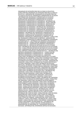 MARCAS - RPI 2249 de 11/02/2014
ORGANIZAÇÃO DE EXPOSIÇÕES PARA FINS CULTURAIS OU EDUCATIVOS [CONSULTORIA EM]; ORGANIZAÇÃO DE EXPOSIÇÕES PARA FINS CULTURAIS OU
EDUCATIVOS - [ASSESSORIA EM]; ORGANIZAÇÃO DE EXPOSIÇÕES PARA FINS
CULTURAIS OU EDUCATIVOS; ORGANIZAÇÃO E APRESENTAÇÃO DE COLÓQUIOS
- [INFORMAÇÃO EM]; ORGANIZAÇÃO E APRESENTAÇÃO DE COLÓQUIOS [CONSULTORIA EM]; ORGANIZAÇÃO E APRESENTAÇÃO DE COLÓQUIOS [ASSESSORIA EM]; ORGANIZAÇÃO E APRESENTAÇÃO DE COLÓQUIOS;
ORGANIZAÇÃO E APRESENTAÇÃO DE CONFERÊNCIAS - [INFORMAÇÃO EM];
ORGANIZAÇÃO E APRESENTAÇÃO DE CONFERÊNCIAS - [CONSULTORIA EM];
ORGANIZAÇÃO E APRESENTAÇÃO DE CONFERÊNCIAS - [ASSESSORIA EM];
ORGANIZAÇÃO E APRESENTAÇÃO DE CONFERÊNCIAS; ORGANIZAÇÃO E
APRESENTAÇÃO DE CONGRESSOS - [INFORMAÇÃO EM]; ORGANIZAÇÃO E
APRESENTAÇÃO DE CONGRESSOS - [CONSULTORIA EM]; ORGANIZAÇÃO E
APRESENTAÇÃO DE CONGRESSOS - [ASSESSORIA EM]; ORGANIZAÇÃO E
APRESENTAÇÃO DE CONGRESSOS; ORGANIZAÇÃO E APRESENTAÇÃO DE
SEMINÁRIOS - [INFORMAÇÃO EM]; ORGANIZAÇÃO E APRESENTAÇÃO DE
SEMINÁRIOS - [CONSULTORIA EM]; ORGANIZAÇÃO E APRESENTAÇÃO DE
SEMINÁRIOS - [ASSESSORIA EM]; ORGANIZAÇÃO E APRESENTAÇÃO DE
SEMINÁRIOS; ORGANIZAÇÃO E APRESENTAÇÃO DE SIMPÓSIOS - [CONSULTORIA
EM]; ORGANIZAÇÃO E APRESENTAÇÃO DE SIMPÓSIOS - [ASSESSORIA EM];
ORGANIZAÇÃO E APRESENTAÇÃO DE SIMPÓSIOS; SEMINÁRIOS (ORGANIZAÇÃO
E APRESENTAÇÃO DE -) - [INFORMAÇÃO EM]; SEMINÁRIOS (ORGANIZAÇÃO E
APRESENTAÇÃO DE -) - [CONSULTORIA EM]; SEMINÁRIOS (ORGANIZAÇÃO E
APRESENTAÇÃO DE -) - [ASSESSORIA EM]; SEMINÁRIOS (ORGANIZAÇÃO E
APRESENTAÇÃO DE -); SERVIÇOS DE INSTRUÇÃO DE AULAS DE ATIVIDADE
FÍSICA - [INFORMAÇÃO EM]; SERVIÇOS DE INSTRUÇÃO DE AULAS DE ATIVIDADE
FÍSICA - [CONSULTORIA EM]; SERVIÇOS DE INSTRUÇÃO DE AULAS DE ATIVIDADE
FÍSICA - [ASSESSORIA EM]; SERVIÇOS DE INSTRUÇÃO DE AULAS DE ATIVIDADE
FÍSICA; SIMPÓSIOS (ORGANIZAÇÃO E APRESENTAÇÃO DE -) - [INFORMAÇÃO EM];
SIMPÓSIOS (ORGANIZAÇÃO E APRESENTAÇÃO DE -) - [CONSULTORIA EM];
SIMPÓSIOS (ORGANIZAÇÃO E APRESENTAÇÃO DE -) - [ASSESSORIA EM];
SIMPÓSIOS (ORGANIZAÇÃO E APRESENTAÇÃO DE -); ASSESSORIA,
CONSULTORIA E INFORMAÇÃO EM ATIVIDADES DESPORTIVAS E CULTURAIS [INFORMAÇÃO EM]; ASSESSORIA, CONSULTORIA E INFORMAÇÃO EM ATIVIDADES
DESPORTIVAS E CULTURAIS - [CONSULTORIA EM]; ASSESSORIA, CONSULTORIA
E INFORMAÇÃO EM ATIVIDADES DESPORTIVAS E CULTURAIS - [ASSESSORIA EM];
ASSESSORIA, CONSULTORIA E INFORMAÇÃO EM ATIVIDADES DESPORTIVAS E
CULTURAIS; ASSESSORIA, CONSULTORIA E INFORMAÇÃO EM EDUCAÇÃO
[INSTRUÇÃO] - [INFORMAÇÃO EM]; ASSESSORIA, CONSULTORIA E INFORMAÇÃO
EM EDUCAÇÃO [INSTRUÇÃO] - [CONSULTORIA EM]; ASSESSORIA, CONSULTORIA
E INFORMAÇÃO EM EDUCAÇÃO [INSTRUÇÃO] - [ASSESSORIA EM]; ASSESSORIA,
CONSULTORIA E INFORMAÇÃO EM EDUCAÇÃO [INSTRUÇÃO]; ASSESSORIA,
CONSULTORIA E INFORMAÇÃO EM EDUCAÇÃO FÍSICA - [INFORMAÇÃO EM];
ASSESSORIA, CONSULTORIA E INFORMAÇÃO EM EDUCAÇÃO FÍSICA [CONSULTORIA EM]; ASSESSORIA, CONSULTORIA E INFORMAÇÃO EM
EDUCAÇÃO FÍSICA - [ASSESSORIA EM]; ASSESSORIA, CONSULTORIA E
INFORMAÇÃO EM EDUCAÇÃO FÍSICA; ASSESSORIA, CONSULTORIA E
INFORMAÇÃO EM ENTRETENIMENTO [LAZER] - [INFORMAÇÃO EM]; ASSESSORIA,
CONSULTORIA E INFORMAÇÃO EM ENTRETENIMENTO [LAZER] - [CONSULTORIA
EM]; ASSESSORIA, CONSULTORIA E INFORMAÇÃO EM ENTRETENIMENTO
[LAZER] - [ASSESSORIA EM]; ASSESSORIA, CONSULTORIA E INFORMAÇÃO EM
ENTRETENIMENTO [LAZER]; ASSESSORIA, CONSULTORIA E INFORMAÇÃO
ENSINO - [INFORMAÇÃO EM]; ASSESSORIA, CONSULTORIA E INFORMAÇÃO
ENSINO - [CONSULTORIA EM]; ASSESSORIA, CONSULTORIA E INFORMAÇÃO
ENSINO - [ASSESSORIA EM]; ASSESSORIA, CONSULTORIA E INFORMAÇÃO
ENSINO; CURSO DE CIÊNCIAS OCULTAS - [INFORMAÇÃO EM]; CURSO DE
CIÊNCIAS OCULTAS - [CONSULTORIA EM]; CURSO DE CIÊNCIAS OCULTAS [ASSESSORIA EM]; CURSO DE CIÊNCIAS OCULTAS; CURSO DE IDIOMA [INFORMAÇÃO EM]; CURSO DE IDIOMA - [CONSULTORIA EM]; CURSO DE IDIOMA [ASSESSORIA EM]; CURSO DE IDIOMA; CURSO TÉCNICO DE FORMAÇÃO [INFORMAÇÃO EM]; CURSO TÉCNICO DE FORMAÇÃO - [CONSULTORIA EM];
CURSO TÉCNICO DE FORMAÇÃO - [ASSESSORIA EM]; CURSO TÉCNICO DE
FORMAÇÃO; CURSOS LIVRES [ENSINO] - [INFORMAÇÃO EM]; CURSOS LIVRES
[ENSINO] - [CONSULTORIA EM]; CURSOS LIVRES [ENSINO] - [ASSESSORIA EM];
CURSOS LIVRES [ENSINO]; HISTÓRIA [ENSINO DE -] - [INFORMAÇÃO EM];
HISTÓRIA [ENSINO DE -] - [CONSULTORIA EM]; HISTÓRIA [ENSINO DE -] [ASSESSORIA EM]; HISTÓRIA [ENSINO DE -]; UNIVERSIDADE [SERVIÇO DE
EDUCAÇÃO] - [INFORMAÇÃO EM]; UNIVERSIDADE [SERVIÇO DE EDUCAÇÃO] -

301

 