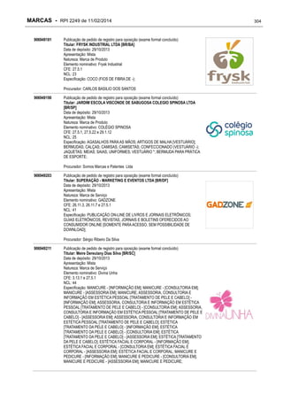 MARCAS - RPI 2249 de 11/02/2014
906949181

Publicação de pedido de registro para oposição (exame formal concluído)
Titular: FRYSK INDUSTRIAL LTDA [BR/BA]
Data de depósito: 29/10/2013
Apresentação: Mista
Natureza: Marca de Produto
Elemento nominativo: Frysk Industrial
CFE: 27.5.1
NCL: 23
Especificação: COCO (FIOS DE FIBRA DE -);
Procurador: CARLOS BASILIO DOS SANTOS

906949190

Publicação de pedido de registro para oposição (exame formal concluído)
Titular: JARDIM ESCOLA VISCONDE DE SABUGOSA COLEGIO SPINOSA LTDA
[BR/SP]
Data de depósito: 29/10/2013
Apresentação: Mista
Natureza: Marca de Produto
Elemento nominativo: COLÉGIO SPINOSA
CFE: 27.5.1, 27.5.22 e 29.1.12
NCL: 25
Especificação: AGASALHOS PARA AS MÃOS; ARTIGOS DE MALHA [VESTUÁRIO];
BERMUDAS; CALÇAS; CAMISAS; CAMISETAS; CONFECCIONADO (VESTUÁRIO -);
JAQUETAS; MEIAS; SAIAS; UNIFORMES; VESTUÁRIO *; BERMUDA PARA PRÁTICA
DE ESPORTE;
Procurador: Somos Marcas e Patentes Ltda

906949203

Publicação de pedido de registro para oposição (exame formal concluído)
Titular: SUPERAÇÃO - MARKETING E EVENTOS LTDA [BR/DF]
Data de depósito: 29/10/2013
Apresentação: Mista
Natureza: Marca de Serviço
Elemento nominativo: GADZONE
CFE: 26.11.3, 26.11.7 e 27.5.1
NCL: 41
Especificação: PUBLICAÇÃO ON-LINE DE LIVROS E JORNAIS ELETRÔNICOS;
GUIAS ELETRÔNICOS, REVISTAS, JORNAIS E BOLETINS OFERECIDOS AO
CONSUMIDOR ONLINE [SOMENTE PARA ACESSO, SEM POSSIBILIDADE DE
DOWNLOAD];
Procurador: Sérgio Ribeiro Da Silva

906949211

Publicação de pedido de registro para oposição (exame formal concluído)
Titular: Meire Dereulany Dias Silva [BR/SC]
Data de depósito: 29/10/2013
Apresentação: Mista
Natureza: Marca de Serviço
Elemento nominativo: Divina Unha
CFE: 3.13.1 e 27.5.1
NCL: 44
Especificação: MANICURE - [INFORMAÇÃO EM]; MANICURE - [CONSULTORIA EM];
MANICURE - [ASSESSORIA EM]; MANICURE; ASSESSORIA, CONSULTORIA E
INFORMAÇÃO EM ESTÉTICA PESSOAL [TRATAMENTO DE PELE E CABELO] [INFORMAÇÃO EM]; ASSESSORIA, CONSULTORIA E INFORMAÇÃO EM ESTÉTICA
PESSOAL [TRATAMENTO DE PELE E CABELO] - [CONSULTORIA EM]; ASSESSORIA,
CONSULTORIA E INFORMAÇÃO EM ESTÉTICA PESSOAL [TRATAMENTO DE PELE E
CABELO] - [ASSESSORIA EM]; ASSESSORIA, CONSULTORIA E INFORMAÇÃO EM
ESTÉTICA PESSOAL [TRATAMENTO DE PELE E CABELO]; ESTÉTICA
[TRATAMENTO DA PELE E CABELO] - [INFORMAÇÃO EM]; ESTÉTICA
[TRATAMENTO DA PELE E CABELO] - [CONSULTORIA EM]; ESTÉTICA
[TRATAMENTO DA PELE E CABELO] - [ASSESSORIA EM]; ESTÉTICA [TRATAMENTO
DA PELE E CABELO]; ESTÉTICA FACIAL E CORPORAL - [INFORMAÇÃO EM];
ESTÉTICA FACIAL E CORPORAL - [CONSULTORIA EM]; ESTÉTICA FACIAL E
CORPORAL - [ASSESSORIA EM]; ESTÉTICA FACIAL E CORPORAL; MANICURE E
PEDICURE - [INFORMAÇÃO EM]; MANICURE E PEDICURE - [CONSULTORIA EM];
MANICURE E PEDICURE - [ASSESSORIA EM]; MANICURE E PEDICURE;

304

 