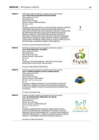 MARCAS - RPI 2249 de 11/02/2014
906949319

Publicação de pedido de registro para oposição (exame formal concluído)
Titular: ROSSI, MAFFINI & MILMAN ADVOGADOS [BR/RS]
Data de depósito: 29/10/2013
Apresentação: Mista
Natureza: Marca de Serviço
Elemento nominativo: RMM ADVOGADOS
CFE: 26.2.7 e 27.5.1
NCL: 45
Especificação: SERVIÇOS JURÍDICOS - [CONSULTORIA EM]; SERVIÇOS JURÍDICOS
- [ASSESSORIA EM]; SERVIÇOS JURÍDICOS; ARBITRAGEM, MEDIAÇÃO E
RESOLUÇÃO ALTERNATIVA DE DISPUTA [SERVIÇOS JURÍDICOS] - [CONSULTORIA
EM]; ARBITRAGEM, MEDIAÇÃO E RESOLUÇÃO ALTERNATIVA DE DISPUTA
[SERVIÇOS JURÍDICOS] - [ASSESSORIA EM]; ARBITRAGEM, MEDIAÇÃO E
RESOLUÇÃO ALTERNATIVA DE DISPUTA [SERVIÇOS JURÍDICOS]; ASSESSORIA,
CONSULTORIA E INFORMAÇÃO SOBRE ASSUNTOS JURÍDICOS; ASSESSORIA,
CONSULTORIA E INFORMAÇÃO SOBRE SERVIÇOS LEGAIS NO CAMPO DAS LEIS
DE PRIVACIDADE E SEGURANÇA, NORMAS E REGULAMENTOS;
Procurador: João Henrique Espirito de Oliveira Poli

906949327

Publicação de pedido de registro para oposição (exame formal concluído)
Titular: FRYSK INDUSTRIAL LTDA [BR/BA]
Data de depósito: 29/10/2013
Apresentação: Mista
Natureza: Marca de Produto
Elemento nominativo: Frysk Industrial
CFE: 27.5.1
NCL: 32
Especificação: ISOTÔNICAS (BEBIDAS -); NÉCTARES DE FRUTA [NÃO
ALCOÓLICOS]; SUCO DE FRUTA; ÁGUA-DE-COCO;
Procurador: CARLOS BASILIO DOS SANTOS

906949335

Publicação de pedido de registro para oposição (exame formal concluído)
Titular: FLORINDA APARECIDA DA SILVA 11649487843 [BR/SP]
Data de depósito: 29/10/2013
Apresentação: Mista
Natureza: Marca de Serviço
Elemento nominativo: PIPOCA MANIA
CFE: 26.1.1, 26.1.4, 27.5.1 e 27.5.2
NCL: 35
Especificação: COMÉRCIO (ATRAVÉS DE QUALQUER MEIO) DE PRODUTOS
ALIMENTÍCIOS; COMÉRCIO (ATRAVÉS DE QUALQUER MEIO) DE BEBIDAS
ALCOÓLICAS; COMÉRCIO (ATRAVÉS DE QUALQUER MEIO) DE BEBIDAS NÃOALCOÓLICAS;
Procurador: Sueli Galves Gomes

906949343

Publicação de pedido de registro para oposição (exame formal concluído)
Titular: VIA CONSTRUTORA E IMOBILIÁRIA LTDA. [BR/CE]
Data de depósito: 29/10/2013
Apresentação: Mista
Natureza: Marca de Serviço
Elemento nominativo: CORRETANDO.COM
CFE: 7.1.24, 27.5.1 e 29.1.12
NCL: 36
Especificação: ADMINISTRAÇÃO DE IMÓVEIS; ADMINISTRAÇÃO PREDIAL;
ALUGUEL DE APARTAMENTOS; ARRENDAMENTO DE IMÓVEIS; AVALIAÇÃO
IMOBILIÁRIA; IMÓVEIS (ARRENDAMENTO DE -); LOCAÇÃO DE APARTAMENTOS
(AGÊNCIAS IMOBILIÁRIAS DE -); COMÉRCIO DE IMÓVEIS; IMÓVEIS [COMPRA E
VENDA DE -] - [INFORMAÇÃO EM]; IMÓVEIS [COMPRA E VENDA DE -];
Procurador: Ana Vládia César Barreira

308

 