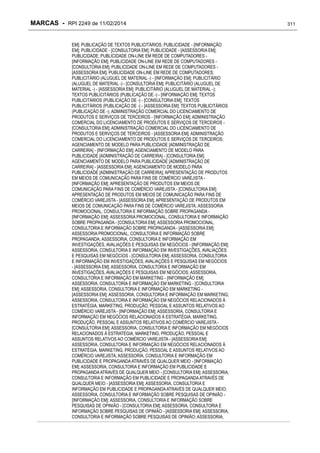 MARCAS - RPI 2249 de 11/02/2014
EM]; PUBLICAÇÃO DE TEXTOS PUBLICITÁRIOS; PUBLICIDADE - [INFORMAÇÃO
EM]; PUBLICIDADE - [CONSULTORIA EM]; PUBLICIDADE - [ASSESSORIA EM];
PUBLICIDADE; PUBLICIDADE ON-LINE EM REDE DE COMPUTADORES [INFORMAÇÃO EM]; PUBLICIDADE ON-LINE EM REDE DE COMPUTADORES [CONSULTORIA EM]; PUBLICIDADE ON-LINE EM REDE DE COMPUTADORES [ASSESSORIA EM]; PUBLICIDADE ON-LINE EM REDE DE COMPUTADORES;
PUBLICITÁRIO (ALUGUEL DE MATERIAL -) - [INFORMAÇÃO EM]; PUBLICITÁRIO
(ALUGUEL DE MATERIAL -) - [CONSULTORIA EM]; PUBLICITÁRIO (ALUGUEL DE
MATERIAL -) - [ASSESSORIA EM]; PUBLICITÁRIO (ALUGUEL DE MATERIAL -);
TEXTOS PUBLICITÁRIOS (PUBLICAÇÃO DE -) - [INFORMAÇÃO EM]; TEXTOS
PUBLICITÁRIOS (PUBLICAÇÃO DE -) - [CONSULTORIA EM]; TEXTOS
PUBLICITÁRIOS (PUBLICAÇÃO DE -) - [ASSESSORIA EM]; TEXTOS PUBLICITÁRIOS
(PUBLICAÇÃO DE -); ADMINISTRAÇÃO COMERCIAL DO LICENCIAMENTO DE
PRODUTOS E SERVIÇOS DE TERCEIROS - [INFORMAÇÃO EM]; ADMINISTRAÇÃO
COMERCIAL DO LICENCIAMENTO DE PRODUTOS E SERVIÇOS DE TERCEIROS [CONSULTORIA EM]; ADMINISTRAÇÃO COMERCIAL DO LICENCIAMENTO DE
PRODUTOS E SERVIÇOS DE TERCEIROS - [ASSESSORIA EM]; ADMINISTRAÇÃO
COMERCIAL DO LICENCIAMENTO DE PRODUTOS E SERVIÇOS DE TERCEIROS;
AGENCIAMENTO DE MODELO PARA PUBLICIDADE [ADMINISTRAÇÃO DE
CARREIRA] - [INFORMAÇÃO EM]; AGENCIAMENTO DE MODELO PARA
PUBLICIDADE [ADMINISTRAÇÃO DE CARREIRA] - [CONSULTORIA EM];
AGENCIAMENTO DE MODELO PARA PUBLICIDADE [ADMINISTRAÇÃO DE
CARREIRA] - [ASSESSORIA EM]; AGENCIAMENTO DE MODELO PARA
PUBLICIDADE [ADMINISTRAÇÃO DE CARREIRA]; APRESENTAÇÃO DE PRODUTOS
EM MEIOS DE COMUNICAÇÃO PARA FINS DE COMÉRCIO VAREJISTA [INFORMAÇÃO EM]; APRESENTAÇÃO DE PRODUTOS EM MEIOS DE
COMUNICAÇÃO PARA FINS DE COMÉRCIO VAREJISTA - [CONSULTORIA EM];
APRESENTAÇÃO DE PRODUTOS EM MEIOS DE COMUNICAÇÃO PARA FINS DE
COMÉRCIO VAREJISTA - [ASSESSORIA EM]; APRESENTAÇÃO DE PRODUTOS EM
MEIOS DE COMUNICAÇÃO PARA FINS DE COMÉRCIO VAREJISTA; ASSESSORIA
PROMOCIONAL, CONSULTORIA E INFORMAÇÃO SOBRE PROPAGANDA [INFORMAÇÃO EM]; ASSESSORIA PROMOCIONAL, CONSULTORIA E INFORMAÇÃO
SOBRE PROPAGANDA - [CONSULTORIA EM]; ASSESSORIA PROMOCIONAL,
CONSULTORIA E INFORMAÇÃO SOBRE PROPAGANDA - [ASSESSORIA EM];
ASSESSORIA PROMOCIONAL, CONSULTORIA E INFORMAÇÃO SOBRE
PROPAGANDA; ASSESSORIA, CONSULTORIA E INFORMAÇÃO EM
INVESTIGAÇÕES, AVALIAÇÕES E PESQUISAS EM NEGÓCIOS - [INFORMAÇÃO EM];
ASSESSORIA, CONSULTORIA E INFORMAÇÃO EM INVESTIGAÇÕES, AVALIAÇÕES
E PESQUISAS EM NEGÓCIOS - [CONSULTORIA EM]; ASSESSORIA, CONSULTORIA
E INFORMAÇÃO EM INVESTIGAÇÕES, AVALIAÇÕES E PESQUISAS EM NEGÓCIOS
- [ASSESSORIA EM]; ASSESSORIA, CONSULTORIA E INFORMAÇÃO EM
INVESTIGAÇÕES, AVALIAÇÕES E PESQUISAS EM NEGÓCIOS; ASSESSORIA,
CONSULTORIA E INFORMAÇÃO EM MARKETING - [INFORMAÇÃO EM];
ASSESSORIA, CONSULTORIA E INFORMAÇÃO EM MARKETING - [CONSULTORIA
EM]; ASSESSORIA, CONSULTORIA E INFORMAÇÃO EM MARKETING [ASSESSORIA EM]; ASSESSORIA, CONSULTORIA E INFORMAÇÃO EM MARKETING;
ASSESSORIA, CONSULTORIA E INFORMAÇÃO EM NEGÓCIOS RELACIONADOS À
ESTRATÉGIA, MARKETING, PRODUÇÃO, PESSOAL E ASSUNTOS RELATIVOS AO
COMÉRCIO VAREJISTA - [INFORMAÇÃO EM]; ASSESSORIA, CONSULTORIA E
INFORMAÇÃO EM NEGÓCIOS RELACIONADOS À ESTRATÉGIA, MARKETING,
PRODUÇÃO, PESSOAL E ASSUNTOS RELATIVOS AO COMÉRCIO VAREJISTA [CONSULTORIA EM]; ASSESSORIA, CONSULTORIA E INFORMAÇÃO EM NEGÓCIOS
RELACIONADOS À ESTRATÉGIA, MARKETING, PRODUÇÃO, PESSOAL E
ASSUNTOS RELATIVOS AO COMÉRCIO VAREJISTA - [ASSESSORIA EM];
ASSESSORIA, CONSULTORIA E INFORMAÇÃO EM NEGÓCIOS RELACIONADOS À
ESTRATÉGIA, MARKETING, PRODUÇÃO, PESSOAL E ASSUNTOS RELATIVOS AO
COMÉRCIO VAREJISTA; ASSESSORIA, CONSULTORIA E INFORMAÇÃO EM
PUBLICIDADE E PROPAGANDA ATRAVÉS DE QUALQUER MEIO - [INFORMAÇÃO
EM]; ASSESSORIA, CONSULTORIA E INFORMAÇÃO EM PUBLICIDADE E
PROPAGANDA ATRAVÉS DE QUALQUER MEIO - [CONSULTORIA EM]; ASSESSORIA,
CONSULTORIA E INFORMAÇÃO EM PUBLICIDADE E PROPAGANDA ATRAVÉS DE
QUALQUER MEIO - [ASSESSORIA EM]; ASSESSORIA, CONSULTORIA E
INFORMAÇÃO EM PUBLICIDADE E PROPAGANDA ATRAVÉS DE QUALQUER MEIO;
ASSESSORIA, CONSULTORIA E INFORMAÇÃO SOBRE PESQUISAS DE OPINIÃO [INFORMAÇÃO EM]; ASSESSORIA, CONSULTORIA E INFORMAÇÃO SOBRE
PESQUISAS DE OPINIÃO - [CONSULTORIA EM]; ASSESSORIA, CONSULTORIA E
INFORMAÇÃO SOBRE PESQUISAS DE OPINIÃO - [ASSESSORIA EM]; ASSESSORIA,
CONSULTORIA E INFORMAÇÃO SOBRE PESQUISAS DE OPINIÃO; ASSESSORIA,

311

 