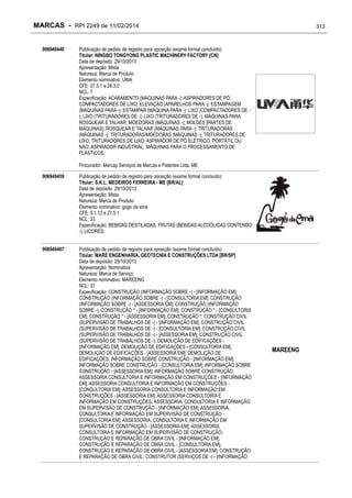 MARCAS - RPI 2249 de 11/02/2014
906949440

313

Publicação de pedido de registro para oposição (exame formal concluído)
Titular: NINGBO TONGYONG PLASTIC MACHINERY FACTORY [CN]
Data de depósito: 29/10/2013
Apresentação: Mista
Natureza: Marca de Produto
Elemento nominativo: UWA
CFE: 27.5.1 e 28.3.0
NCL: 7
Especificação: ACABAMENTO (MÁQUINAS PARA -); ASPIRADORES DE PÓ;
COMPACTADORES DE LIXO; ELEVAÇÃO (APARELHOS PARA -); ESTAMPAGEM
(MÁQUINAS PARA -); ESTAMPAR (MÁQUINA PARA -); LIXO (COMPACTADORES DE ); LIXO (TRITURADORES DE -); LIXO (TRITURADORES DE -); MÁQUINAS PARA
ROSQUEAR E TALHAR; MOEDORAS (MÁQUINAS -); MOLDES [PARTES DE
MÁQUINAS]; ROSQUEAR E TALHAR (MÁQUINAS PARA -); TRITURADORAS
(MÁQUINAS -); TRITURADORAS/MOEDORAS (MÁQUINAS -); TRITURADORES DE
LIXO; TRITURADORES DE LIXO; ASPIRADOR DE PÓ ELÉTRICO, PORTÁTIL OU
NÃO; ASPIRADOR INDUSTRIAL; MÁQUINAS PARA O PROCESSAMENTO DE
PLÁSTICOS;
Procurador: Mercap Serviços de Marcas e Patentes Ltda. ME

906949459

Publicação de pedido de registro para oposição (exame formal concluído)
Titular: S.K.L. MEDEIROS FERREIRA - ME [BR/AL]
Data de depósito: 29/10/2013
Apresentação: Mista
Natureza: Marca de Produto
Elemento nominativo: gogo da ema
CFE: 5.1.12 e 27.5.1
NCL: 33
Especificação: BEBIDAS DESTILADAS; FRUTAS (BEBIDAS ALCOÓLICAS CONTENDO
-); LICORES;

906949467

Publicação de pedido de registro para oposição (exame formal concluído)
Titular: MARÉ ENGENHARIA, GEOTECNIA E CONSTRUÇÕES LTDA [BR/SP]
Data de depósito: 29/10/2013
Apresentação: Nominativa
Natureza: Marca de Serviço
Elemento nominativo: MAREENG
NCL: 37
Especificação: CONSTRUÇÃO (INFORMAÇÃO SOBRE -) - [INFORMAÇÃO EM];
CONSTRUÇÃO (INFORMAÇÃO SOBRE -) - [CONSULTORIA EM]; CONSTRUÇÃO
(INFORMAÇÃO SOBRE -) - [ASSESSORIA EM]; CONSTRUÇÃO (INFORMAÇÃO
SOBRE -); CONSTRUÇÃO * - [INFORMAÇÃO EM]; CONSTRUÇÃO * - [CONSULTORIA
EM]; CONSTRUÇÃO * - [ASSESSORIA EM]; CONSTRUÇÃO *; CONSTRUÇÃO CIVIL
(SUPERVISÃO DE TRABALHOS DE -) - [INFORMAÇÃO EM]; CONSTRUÇÃO CIVIL
(SUPERVISÃO DE TRABALHOS DE -) - [CONSULTORIA EM]; CONSTRUÇÃO CIVIL
(SUPERVISÃO DE TRABALHOS DE -) - [ASSESSORIA EM]; CONSTRUÇÃO CIVIL
(SUPERVISÃO DE TRABALHOS DE -); DEMOLIÇÃO DE EDIFICAÇÕES [INFORMAÇÃO EM]; DEMOLIÇÃO DE EDIFICAÇÕES - [CONSULTORIA EM];
DEMOLIÇÃO DE EDIFICAÇÕES - [ASSESSORIA EM]; DEMOLIÇÃO DE
EDIFICAÇÕES; INFORMAÇÃO SOBRE CONSTRUÇÃO - [INFORMAÇÃO EM];
INFORMAÇÃO SOBRE CONSTRUÇÃO - [CONSULTORIA EM]; INFORMAÇÃO SOBRE
CONSTRUÇÃO - [ASSESSORIA EM]; INFORMAÇÃO SOBRE CONSTRUÇÃO;
ASSESSORIA CONSULTORIA E INFORMAÇÃO EM CONSTRUÇÕES - [INFORMAÇÃO
EM]; ASSESSORIA CONSULTORIA E INFORMAÇÃO EM CONSTRUÇÕES [CONSULTORIA EM]; ASSESSORIA CONSULTORIA E INFORMAÇÃO EM
CONSTRUÇÕES - [ASSESSORIA EM]; ASSESSORIA CONSULTORIA E
INFORMAÇÃO EM CONSTRUÇÕES; ASSESSORIA, CONSULTORIA E INFORMAÇÃO
EM SUPERVISÃO DE CONSTRUÇÃO - [INFORMAÇÃO EM]; ASSESSORIA,
CONSULTORIA E INFORMAÇÃO EM SUPERVISÃO DE CONSTRUÇÃO [CONSULTORIA EM]; ASSESSORIA, CONSULTORIA E INFORMAÇÃO EM
SUPERVISÃO DE CONSTRUÇÃO - [ASSESSORIA EM]; ASSESSORIA,
CONSULTORIA E INFORMAÇÃO EM SUPERVISÃO DE CONSTRUÇÃO;
CONSTRUÇÃO E REPARAÇÃO DE OBRA CIVIL - [INFORMAÇÃO EM];
CONSTRUÇÃO E REPARAÇÃO DE OBRA CIVIL - [CONSULTORIA EM];
CONSTRUÇÃO E REPARAÇÃO DE OBRA CIVIL - [ASSESSORIA EM]; CONSTRUÇÃO
E REPARAÇÃO DE OBRA CIVIL; CONSTRUTOR (SERVIÇOS DE -) - [INFORMAÇÃO

MAREENG

 