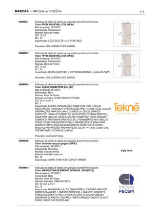 MARCAS - RPI 2249 de 11/02/2014
906949521

316

Publicação de pedido de registro para oposição (exame formal concluído)
Titular: FRYSK INDUSTRIAL LTDA [BR/BA]
Data de depósito: 29/10/2013
Apresentação: Tridimensional
Natureza: Marca de Produto
CFE: 19.3.25
NCL: 29
Especificação: COCO (ÓLEO DE -); LEITE DE COCO;
Procurador: CARLOS BASILIO DOS SANTOS

906949530

Publicação de pedido de registro para oposição (exame formal concluído)
Titular: FRYSK INDUSTRIAL LTDA [BR/BA]
Data de depósito: 29/10/2013
Apresentação: Tridimensional
Natureza: Marca de Produto
CFE: 19.3.25
NCL: 32
Especificação: FRUTAS (SUCOS DE -); ISOTÔNICAS (BEBIDAS -); ÁGUA-DE-COCO;
Procurador: CARLOS BASILIO DOS SANTOS

906949548

Publicação de pedido de registro para oposição (exame formal concluído)
Titular: EXILINE COSMETICOS S.R.L [AR]
Data de depósito: 29/10/2013
Apresentação: Mista
Natureza: Marca de Produto
Elemento nominativo: TEKNÉ CREATIVE STYLING
CFE: 27.5.1 e 29.1.1
NCL: 3
Especificação: BANHOS (PREPARAÇÕES COSMÉTICAS PARA -); BELEZA
(MÁSCARAS DE -); BRONZEAR (PREPARAÇÕES PARA-) [COSMÉTICOS]; CABELOS
(PREPARAÇÕES PARA ONDULAR -); COSMÉTICOS; DESCOLORANTES
(PRODUTOS -) PARA USO COSMÉTICO; LACAS (PRODUTOS PARA REMOVER -);
LAQUÊ PARA CABELOS; LOÇÕES PARA USO COSMÉTICO; ÓLEOS PARA USO
COSMÉTICO; PERFUMARIA (PRODUTOS DE -); PERMANENTES NOS CABELOS
(PRODUTOS NEUTRALIZADORES PARA -); PREPARAÇÕES DE BANHO PARA
HIGIENE ÍNTIMA OU PARA USO DESODORANTE [PRODUTOS DE HIGIENE
PESSOAL]; PREPARAÇÕES PARA PROTEÇÃO SOLAR; TINTURAS COSMÉTICAS;
TINTURAS PARA OS CABELOS; XAMPUS;
Procurador: José Carlos Ferreira

906949556

906949564

Publicação de pedido de registro para oposição (exame formal concluído)
Titular: alexandre bocayuva ghiggino [BR/RJ]
Data de depósito: 29/10/2013
Apresentação: Nominativa
Natureza: Marca de Serviço
Elemento nominativo: trips in rio
NCL: 39
Especificação: VISITAS TURÍSTICAS; GUIA DE TURISMO;
Publicação de pedido de registro para oposição (exame formal concluído)
Titular: SM INDÚSTRIA DE MINÉRIOS DO BRASIL LTDA [BR/CE]
Data de depósito: 29/10/2013
Apresentação: Mista
Natureza: Marca de Produto
Elemento nominativo: CIMENTO PECÉM
CFE: 26.13.25 e 27.5.1
NCL: 19
Especificação: ARGAMASSA; CAL; CALCÁRIA (PEDRA -); CALCÁRIO ARGILOSO;
CIMENTO (PLACAS DE -); CIMENTO (POSTES DE -); CIMENTO *; CONCRETO;
FORNALHAS (CIMENTO PARA -); PEDRA CALCÁRIA; PLACAS DE CIMENTO;
ARGAMASSA DE AMIANTO; CALCÁRIO; CIMENTO ARMADO; CIMENTO DE ALTOFORNO; CIMENTO DE POUZZOLANE;

trips in rio

 