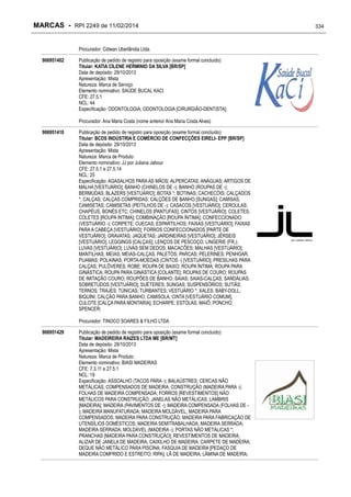 MARCAS - RPI 2249 de 11/02/2014
Procurador: Cidwan Uberlândia Ltda.
906951402

Publicação de pedido de registro para oposição (exame formal concluído)
Titular: KATIA CILENE HERMINIO DA SILVA [BR/SP]
Data de depósito: 29/10/2013
Apresentação: Mista
Natureza: Marca de Serviço
Elemento nominativo: SAÚDE BUCAL KACI
CFE: 27.5.1
NCL: 44
Especificação: ODONTOLOGIA; ODONTOLOGIA [CIRURGIÃO-DENTISTA];
Procurador: Ana Maria Costa (nome anterior Ana Maria Costa Alves)

906951410

Publicação de pedido de registro para oposição (exame formal concluído)
Titular: BCDS INDÚSTRIA E COMÉRCIO DE CONFECÇÕES EIRELI- EPP [BR/SP]
Data de depósito: 29/10/2013
Apresentação: Mista
Natureza: Marca de Produto
Elemento nominativo: JJ por Juliana Jabour
CFE: 27.5.1 e 27.5.14
NCL: 25
Especificação: AGASALHOS PARA AS MÃOS; ALPERCATAS; ANÁGUAS; ARTIGOS DE
MALHA [VESTUÁRIO]; BANHO (CHINELOS DE -); BANHO (ROUPAS DE -);
BERMUDAS; BLAZERS [VESTUÁRIO]; BOTAS *; BOTINAS; CACHECÓIS; CALÇADOS
*; CALÇAS; CALÇAS COMPRIDAS; CALÇÕES DE BANHO [SUNGAS]; CAMISAS;
CAMISETAS; CAMISETAS (PEITILHOS DE -); CASACOS [VESTUÁRIO]; CEROULAS;
CHAPÉUS, BONÉS ETC; CHINELOS [PANTUFAS]; CINTOS [VESTUÁRIO]; COLETES;
COLETES [ROUPA ÍNTIMA]; COMBINAÇÃO [ROUPA ÍNTIMA]; CONFECCIONADO
(VESTUÁRIO -); CORPETE; CUECAS; ESPARTILHOS; FAIXAS [VESTUÁRIO]; FAIXAS
PARA A CABEÇA [VESTUÁRIO]; FORROS CONFECCIONADOS [PARTE DE
VESTUÁRIO]; GRAVATAS; JAQUETAS; JARDINEIRAS [VESTUÁRIO]; JÉRSEIS
[VESTUÁRIO]; LEGGINGS [CALÇAS]; LENÇOS DE PESCOÇO; LINGERIE (FR.);
LUVAS [VESTUÁRIO]; LUVAS SEM DEDOS; MACACÕES; MALHAS [VESTUÁRIO];
MANTILHAS; MEIAS; MEIAS-CALÇAS; PALETÓS; PARCAS; PELERINES; PENHOAR;
PIJAMAS; POLAINAS; PORTA-MOEDAS (CINTOS -) [VESTUÁRIO]; PRESILHAS PARA
CALÇAS; PULÔVERES; ROBE; ROUPA DE BAIXO; ROUPA ÍNTIMA; ROUPA PARA
GINÁSTICA; ROUPA PARA GINÁSTICA [COLANTE]; ROUPAS DE COURO; ROUPAS
DE IMITAÇÃO COURO; ROUPÕES DE BANHO; SAIAS; SAIAS-CALÇAS; SANDÁLIAS;
SOBRETUDOS [VESTUÁRIO]; SUÉTERES; SUNGAS; SUSPENSÓRIOS; SUTIÃS;
TERNOS; TRAJES; TÚNICAS; TURBANTES; VESTUÁRIO *; XALES; BABY-DOLL;
BIQUÍNI; CALÇÃO PARA BANHO; CAMISOLA; CINTA [VESTUÁRIO COMUM];
CULOTE [CALÇA PARA MONTARIA]; ECHARPE; ESTOLAS; MAIÔ; PONCHO;
SPENCER;
Procurador: TINOCO SOARES & FILHO LTDA

906951429

Publicação de pedido de registro para oposição (exame formal concluído)
Titular: MADEIREIRA RAIZES LTDA ME [BR/MT]
Data de depósito: 29/10/2013
Apresentação: Mista
Natureza: Marca de Produto
Elemento nominativo: BIASI MADEIRAS
CFE: 7.3.11 e 27.5.1
NCL: 19
Especificação: ASSOALHO (TACOS PARA -); BALAÚSTRES; CERCAS NÃO
METÁLICAS; COMPENSADOS DE MADEIRA; CONSTRUÇÃO (MADEIRA PARA -);
FOLHAS DE MADEIRA COMPENSADA; FORROS [REVESTIMENTOS] NÃO
METÁLICOS PARA CONSTRUÇÃO; JANELAS NÃO METÁLICAS; LAMBRIS
[MADEIRA]; MADEIRA (PAVIMENTOS DE -); MADEIRA COMPENSADA (FOLHAS DE ); MADEIRA MANUFATURADA; MADEIRA MOLDÁVEL; MADEIRA PARA
COMPENSADOS; MADEIRA PARA CONSTRUÇÃO; MADEIRA PARA FABRICAÇÃO DE
UTENSÍLIOS DOMÉSTICOS; MADEIRA SEMITRABALHADA; MADEIRA SERRADA;
MADEIRA SERRADA; MOLDÁVEL (MADEIRA -); PORTAS NÃO METÁLICAS *;
PRANCHAS [MADEIRA PARA CONSTRUÇÃO]; REVESTIMENTOS DE MADEIRA;
ALIZAR DE JANELA DE MADEIRA; CAIXILHO DE MADEIRA; CARPETE DE MADEIRA;
DEQUE NÃO METÁLICO PARA PISCINA; FASQUIA DE MADEIRA [PEDAÇO DE
MADEIRA COMPRIDO E ESTREITO; RIPA]; LÃ DE MADEIRA; LÂMINA DE MADEIRA;

334

 