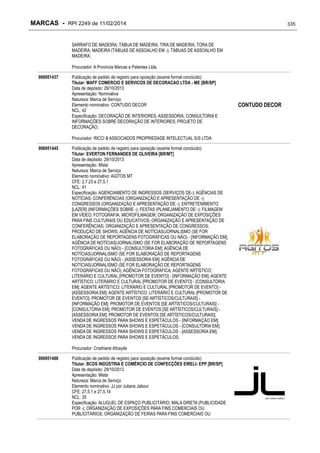 MARCAS - RPI 2249 de 11/02/2014

335

SARRAFO DE MADEIRA; TÁBUA DE MADEIRA; TIRA DE MADEIRA; TORA DE
MADEIRA; MADEIRA (TÁBUAS DE ASSOALHO EM -); TÁBUAS DE ASSOALHO EM
MADEIRA;
Procurador: A Provincia Marcas e Patentes Ltda.
906951437

Publicação de pedido de registro para oposição (exame formal concluído)
Titular: MAFF COMERCIO E SERVICOS DE DECORACAO LTDA - ME [BR/SP]
Data de depósito: 29/10/2013
Apresentação: Nominativa
Natureza: Marca de Serviço
Elemento nominativo: CONTUDO DECOR
NCL: 42
Especificação: DECORAÇÃO DE INTERIORES; ASSESSORIA, CONSULTORIA E
INFORMAÇÕES SOBRE DECORAÇÃO DE INTERIORES; PROJETO DE
DECORAÇÃO;
Procurador: RICCI & ASSOCIADOS PROPRIEDADE INTELECTUAL S/S LTDA

906951445

Publicação de pedido de registro para oposição (exame formal concluído)
Titular: EVERTON FERNANDES DE OLIVEIRA [BR/MT]
Data de depósito: 29/10/2013
Apresentação: Mista
Natureza: Marca de Serviço
Elemento nominativo: AGITOS MT
CFE: 2.7.23 e 27.5.1
NCL: 41
Especificação: AGENCIAMENTO DE INGRESSOS (SERVIÇOS DE-); AGÊNCIAS DE
NOTÍCIAS; CONFERÊNCIAS (ORGANIZAÇÃO E APRESENTAÇÃO DE -);
CONGRESSOS (ORGANIZAÇÃO E APRESENTAÇÃO DE -); ENTRETENIMENTO
[LAZER] (INFORMAÇÕES SOBRE -); FESTAS (PLANEJAMENTO DE -); FILMAGEM
EM VÍDEO; FOTOGRAFIA; MICROFILMAGEM; ORGANIZAÇÃO DE EXPOSIÇÕES
PARA FINS CULTURAIS OU EDUCATIVOS; ORGANIZAÇÃO E APRESENTAÇÃO DE
CONFERÊNCIAS; ORGANIZAÇÃO E APRESENTAÇÃO DE CONGRESSOS;
PRODUÇÃO DE SHOWS; AGÊNCIA DE NOTÍCIAS/JORNALISMO (SE FOR
ELABORAÇÃO DE REPORTAGENS FOTOGRÁFICAS OU NÃO) - [INFORMAÇÃO EM];
AGÊNCIA DE NOTÍCIAS/JORNALISMO (SE FOR ELABORAÇÃO DE REPORTAGENS
FOTOGRÁFICAS OU NÃO) - [CONSULTORIA EM]; AGÊNCIA DE
NOTÍCIAS/JORNALISMO (SE FOR ELABORAÇÃO DE REPORTAGENS
FOTOGRÁFICAS OU NÃO) - [ASSESSORIA EM]; AGÊNCIA DE
NOTÍCIAS/JORNALISMO (SE FOR ELABORAÇÃO DE REPORTAGENS
FOTOGRÁFICAS OU NÃO); AGÊNCIA FOTOGRÁFI