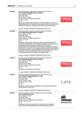 MARCAS - RPI 2249 de 11/02/2014
840702086

Publicação de pedido de registro para oposição (exame formal concluído)
Titular: ENSEADA INDUSTRIA NAVAL S.A. [BR/BA]
Data de depósito: 07/11/2013
Apresentação: Mista
Natureza: Marca de Serviço
Elemento nominativo: ENSEADA Indústria Naval
CFE: 26.11.1 e 27.5.1
NCL: 39
Especificação: ARMAZENAGEM PRÓPRIA DE MATÉRIAS PRIMAS, DE PRODUTOS
SEMI-ELABORADOS E DE PRODUTOS DE QUALQUER ESPÉCIE; EXPLORAÇÃO DE
TERMINAIS DE CARGA, DE TERMINAIS PORTUÁRIOS E SEUS INTERESSES.
Procurador: KASZNAR LEONARDOS PROPRIEDADE INTELECTUAL

840702094

Publicação de pedido de registro para oposição (exame formal concluído)
Titular: ENSEADA INDUSTRIA NAVAL S.A. [BR/BA]
Data de depósito: 07/11/2013
Apresentação: Mista
Natureza: Marca de Serviço
Elemento nominativo: ENSEADA Indústria Naval
CFE: 26.11.1 e 27.5.1
NCL: 37
Especificação: SERVIÇOS DE CONSTRUÇÃO NAVAL, INCLUINDO MAS NÃO SE
LIMITANDO À CONSTRUÇÃO DE PLATAFORMAS MARÍTIMAS DE PRODUÇÃO, DE
PLATAFORMAS MARÍTIMAS DE PERFURAÇÃO, DE NAVIOS E/OU DE
EMBARCAÇÕES, DE PLATAFORMAS DE INTEGRAÇÃO DE MÓDULOS E DE DECKS
DE PRODUÇÃO, DE NAVIOS E/OU DE EMBARCAÇÕES ESPECIAIS PARA APOIO AS
ATIVIDADES MARÍTIMAS E DE EQUIPAMENTOS ESPECIAIS PARA OS SETORES DE
PETRÓLEO, DE GÁS E DE MINERAÇÃO; SERVIÇOS DE REPAROS DE
PLATAFORMAS MARÍTIMAS, DE NAVIOS E DE EMBARCAÇÕES.
Procurador: KASZNAR LEONARDOS PROPRIEDADE INTELECTUAL

840702108

Publicação de pedido de registro para oposição (exame formal concluído)
Titular: ENSEADA INDUSTRIA NAVAL S.A. [BR/BA]
Data de depósito: 07/11/2013
Apresentação: Mista
Natureza: Marca de Serviço
Elemento nominativo: ENSEADA Indústria Naval
CFE: 26.11.1 e 27.5.1
NCL: 35
Especificação: IMPORTAÇÃO E EXPORTAÇÃO.
Procurador: KASZNAR LEONARDOS PROPRIEDADE INTELECTUAL

840702124

Publicação de pedido de registro para oposição (exame formal concluído)
Titular: ROQUETA ORIGEN COMERCIAL, S.L. [ES]
Data de depósito: 07/11/2013
Apresentação: Mista
Natureza: Marca de Produto
Elemento nominativo: LAFOU.
CFE: 27.5.1
NCL: 33
Especificação: VINHOS DESTILADOS [BEBIDAS ALCOÓLICAS][ESPIRITUOSAS] E
LICORES [EXCETO CERVEJAS].
Procurador: KASZNAR LEONARDOS PROPRIEDADE INTELECTUAL

840702213

Publicação de pedido de registro para oposição (exame formal concluído)
Titular: SCHOLASTIC INC. [US]
Data de depósito: 07/11/2013
Apresentação: Mista
Natureza: Marca de Serviço
Elemento nominativo: SCHOLASTIC LITERACY PRO
CFE: 20.7.1, 26.11.1 e 27.5.1
NCL: 41
Especificação: SERVIÇO DE EDUCAÇÃO NA FORMA DE UM PROGRAMA DE
AVALIAÇÃO DE LEITURA BASEADO NA WEB PARA CRIANÇAS EM IDADE

37

 