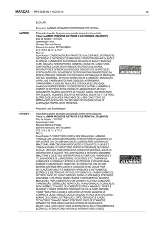 MARCAS - RPI 2249 de 11/02/2014
ESCOLAR.
Procurador: KASZNAR LEONARDOS PROPRIEDADE INTELECTUAL
840707002

Publicação de pedido de registro para oposição (exame formal concluído)
Titular: ALUMBRA PRODUTOS ELÉTRICOS E ELETRÔNICOS LTDA [BR/SP]
Data de depósito: 13/11/2013
Apresentação: Mista
Natureza: Marca de Serviço
Elemento nominativo: INFO ALUMBRA
CFE: 16.1.6, 26.11.1 e 27.5.1
NCL: 35
Especificação: COMERCIALIZAÇÃO ATRAVÉS DE QUALQUER MEIO, DISTRIBUIÇÃO,
IMPORTAÇÃO E EXPORTAÇÃO DE MATERIAIS E PRODUTOS PARA INSTALAÇÕES
ELÉTRICAS, ILUMINAÇÃO E ELETRÔNICAS EM GERAL DE BAIXA TENSÃO TAIS
COMO TOMADAS, INTERRUPTORES, DIMMERS, CANALETAS, CONECTORES,
ADAPTADORES, CAIXAS DE DISTRIBUIÇÃO ELÉTRICA DISJUNTORES,
INTERRUPTORES DIFERENCIAIS RESIDUAIS, DISPOSITIVOS DE PROTEÇÃO
CONTRA-SUTO - DPS, ISOLADORES E OUTROS MATÉRIA PARA PROTEÇÃO DA
REDE ELÉTRICA DE CONSUMO E DO SISTEMA DE DISTRIBUIÇÃO DE ENERGIA DE
USO NÃO INDUSTRIAL, ARTIGOS E APARELHOS DE ILUMINAÇÃO, SINALIZAÇÃO,
APARELHOS E INSTRUMENTOS PARA CONDUZIR, INTERROMPER,
TRANSFORMAR, ACUMULAR, REGULAR E CONTROLAR ELETRICIDADE,
LÂMPADAS INCANDESCENTES, FLUORESCENTES E OUTRAS, LUMINÁRIAS E
LUSTRES DE DIVERSOS TIPOS E MODELOS, ABRAÇADEIRA PLÁSTICA E
ABRAÇADEIRA PLÁSTICA COM CHIPS DE FIXAÇÃO, CABOS (ISOLANTES PARA),
FITA ISOLANTE, ISOLANTES, ISOLANTES (MATERIAIS), ISOLANTES (FITA E FAIXA),
ELETRICIDADE (ISOLANTES PARA CABOS DE -), BEM COMO TODOS OS
MATERIAIS RELACIONADOS COM SEU RAMO DE ATIVIDADE SEJAM DE
FABRICAÇÃO PRÓPRIA OU DE TERCEIROS.
Procurador: José Edis Rodrigues

840707010

Publicação de pedido de registro para oposição (exame formal concluído)
Titular: ALUMBRA PRODUTOS ELÉTRICOS E ELETRÔNICOS LTDA [BR/SP]
Data de depósito: 13/11/2013
Apresentação: Mista
Natureza: Marca de Produto
Elemento nominativo: INFO ALUMBRA
CFE: 16.1.6, 26.11.1 e 27.5.1
NCL: 9
Especificação: INTERRUPTORES COM OU SEM SINALIZAÇÃO LUMINOSA,
TOMADAS COM OU SEM OBTURADORES, INTERRUPTORES PULSADORES OU
IMPULSORES COM OU SEM SINALIZAÇÃO LUMINOSA PARA CAMPAINHAS E
MINUTERIAS, BEM COMO SUAS ASSOCIAÇÕES E CONJUNTOS, PLUGUES E
TOMADAS MÓVEIS, INTERRUPTORES CENTRO EXTREMIDADE DE CORDÃO,
PLACAS / ESPELHOS PARA APARELHOS E CONJUNTOS DIVERSOS, MÓDULOS
OBTURADORES E SAÍDA DE FIOS, ADAPTADORES E DERIVADOS (BENJAMIN)
MINUTERIAS E COLETIVAS, INTERRUPTORES AUTOMÁTICOS, VARIADORES E
TELEVARIADORES DE LUMINOSIDADE, VELOCIDADE, ETC., CAMPAINHAS,
CARRILHÕES E CIGARRAS ELÉTRICAS E ELETRÔNICAS, EXTENSÕES PARA
ENERGIA E COMUNICAÇÃO, CANALETAS / ELETRODUTOS COM OU SEM
DIVISÕES INTERNAS, MATA JUNTAS E CONEXÕES AFINS, CAIXAS PARA
INSTALAÇÃO DE EMBUTIR E SOBREPOR, APARELHOS E INSTRUMENTOS
ELÉTRICOS E ELETRÔNICOS, ÓPTICOS, FOTOGRÁFICOS, CINEMATOGRÁFICOS,
DE VÍDEO, RÁDIO, TELEVISÃO, MEDIÇÃO, ENSINO, E SEGURANÇA; PORTEIROS
INDIVIDUAIS E COLETIVOS; APARELHAGENS E INSTRUMENTOS, INCLUSIVE
MODULARES, PARA ALIMENTAÇÃO COM CORRENTE ELÉTRICA, CONDUÇÃO,
TRANSMISSÃO, DISTRIBUIÇÃO, REPARTIÇÃO, TRANSFORMAÇÃO, ACUMULAÇÃO,
REGULAGEM OU COMANDO DE CORRENTE ELÉTRICA; ARMÁRIOS, PAINÉIS E
QUADROS E DEMAIS PRODUTOS CONSTANTE DA FOLHA COMPLEMENTAR,
TODOS PARA APARELHAGENS E CIRCUITOS ELÉTRICOS, QUADROS DE
COMANDO E DE DISTRIBUIÇÃO DE ELETRICIDADE; FILTROS DE ELETRICIDADE;
BARRAS DE CONEXÃO, DISTRIBUIÇÃO, CORTE, DERIVAÇÃO E JUNÇÃO;
TECLADOS DE COMANDO PARA ELETRICIDADE; PINOS DE COMANDO E
ORNAMENTOS PARA APARELHAGENS ELÉTRICAS DE INSTALAÇÕES;
DISJUNTORES OU INTERRUPTORES DIFERENCIAIS OU NÃO; PROGRAMADORES
ELÉTRICOS; INTERRUPTORES HORÁRIOS; INTERRUPTORES E RELÊS

38

 