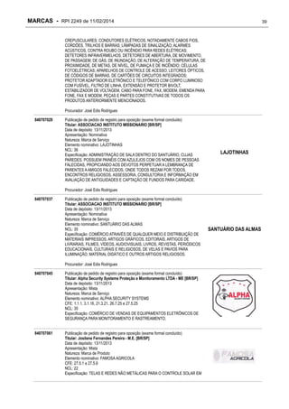 MARCAS - RPI 2249 de 11/02/2014

39

CREPUSCULARES; CONDUTORES ELÉTRICOS, NOTADAMENTE CABOS FIOS,
CORDÕES, TRILHOS E BARRAS; LÂMPADAS DE SINALIZAÇÃO; ALARMES
ACÚSTICOS, CONTRA ROUBO OU INCÊNDIO PARA REDES ELÉTRICAS;
DETETORES INFRAVERMELHOS; DETETORES DE ABERTURA, DE MOVIMENTO,
DE PASSAGEM, DE GÁS, DE INUNDAÇÃO, DE ALTERAÇÃO DE TEMPERATURA, DE
PROXIMIDADE, DE METAS, DE NÍVEL, DE FUMAÇA E DE INCÊNDIO; CÉLULAS
FOTOELÉTRICAS; APARELHOS DE CONTROLE DE ACESSO; LEITORES ÓPTICOS,
DE CÓDIGOS DE BARRAS, DE CARTÕES DE CIRCUITOS INTEGRADOS;
PROTETOR ADAPTADOR ELETRÔNICO E TELEFÔNICO COM CORPO LUMINOSO
COM FUSÍVEL, FILTRO DE LINHA, EXTENSÃO E PROTETOR BIVOLT,
ESTABILIZADOR DE VOLTAGEM, CABO PARA FONE, FAX, MODEM, EMENDA PARA
FONE, FAX E MODEM, PEÇAS E PARTES CONSTITUTIVAS DE TODOS OS
PRODUTOS ANTERIORMENTE MENCIONADOS.
Procurador: José Edis Rodrigues
840707029

Publicação de pedido de registro para oposição (exame formal concluído)
Titular: ASSOCIACAO INSTITUTO MISSIONARIO [BR/SP]
Data de depósito: 13/11/2013
Apresentação: Nominativa
Natureza: Marca de Serviço
Elemento nominativo: LAJOTINHAS
NCL: 36
Especificação: ADMINISTRAÇÃO DE SALA DENTRO DO SANTUÁRIO, CUJAS
PAREDES, POSSUEM PAINÉIS COM AZULEJOS COM OS NOMES DE PESSOAS
FALECIDAS, PROPICIANDO AOS DEVOTOS PERPETUAR A LEMBRANÇA DE
PARENTES A AMIGOS FALECIDOS, ONDE TODOS REZAM POR TODOS,
ENCONTROS RELIGIOSOS, ASSESSORIA, CONSULTORIA E INFORMAÇÃO EM
AVALIAÇÃO DE ANTIGUIDADES E CAPTAÇÃO DE FUNDOS PARA CARIDADE.

LAJOTINHAS

Procurador: José Edis Rodrigues
840707037

Publicação de pedido de registro para oposição (exame formal concluído)
Titular: ASSOCIACAO INSTITUTO MISSIONARIO [BR/SP]
Data de depósito: 13/11/2013
Apresentação: Nominativa
Natureza: Marca de Serviço
Elemento nominativo: SANTUÁRIO DAS ALMAS
NCL: 35
Especificação: COMÉRCIO ATRAVÉS DE QUALQUER MEIO E DISTRIBUIÇÃO DE
MATERIAIS IMPRESSOS, ARTIGOS GRÁFICOS, EDITORAIS, ARTIGOS DE
LIVRARIAS, FILMES, VÍDEOS, AUDIOVISUAIS, LIVROS, REVISTAS, PERIÓDICOS
EDUCACIONAIS, CULTURAIS E RELIGIOSOS, DE VELAS E PAVIOS PARA
ILUMINAÇÃO, MATERIAL DIDÁTICO E OUTROS ARTIGOS RELIGIOSOS.
Procurador: José Edis Rodrigues

840707045

Publicação de pedido de registro para oposição (exame formal concluído)
Titular: Alpha Security Systems Proteção e Monitoramento LTDA - ME [BR/SP]
Data de depósito: 13/11/2013
Apresentação: Mista
Natureza: Marca de Serviço
Elemento nominativo: ALPHA SECURITY SYSTEMS
CFE: 1.1.1, 3.1.16, 21.3.21, 26.7.25 e 27.5.25
NCL: 35
Especificação: COMÉRCIO DE VENDAS DE EQUIPAMENTOS ELETRÔNICOS DE
SEGURANÇA PARA MONITORAMENTO E RASTREAMENTO.

840707061

Publicação de pedido de registro para oposição (exame formal concluído)
Titular: Josilene Fernandes Pereira - M.E. [BR/SP]
Data de depósito: 13/11/2013
Apresentação: Mista
Natureza: Marca de Produto
Elemento nominativo: FAMOSA AGRICOLA
CFE: 27.5.1 e 27.5.6
NCL: 22
Especificação: TELAS E REDES NÃO METÁLICAS PARA O CONTROLE SOLAR EM

SANTUÁRIO DAS ALMAS

 