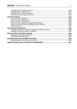 MARCAS - RPI 2249 de 11/02/2014

4

Instrução técnica: Exigência de mérito....................................................................................................4328
Instrução técnica: Sobrestamento ...........................................................................................................4330
Instrução técnica: Ciência de parecer .....................................................................................................4331
Decisão do recurso: Negado provimento ................................................................................................4332
OUTRAS PETIÇÕES ........................................................................................................................................4333
Exame de mérito: Exigência ....................................................................................................................4334
Exame de mérito: Indeferimento .............................................................................................................4336
Exame de mérito: Deferimento ................................................................................................................4337
Exame de mérito: petição de retificação (366) atendida .........................................................................4362
Exame de mérito: petição de retificação (366) não atendida ..................................................................4384
Outros despachos ...................................................................................................................................4385
ANULAÇÃO DE DESPACHOS ........................................................................................................................4390
Anulação de despachos relativos a processos de registro de marca .....................................................4391
Anulação de despachos relativos a petições ..........................................................................................4394
NOTIFICAÇÕES E DECISÕES JUDICIAIS......................................................................................................4395
Notificação de procedimento judicial .......................................................................................................4396
Notificação de decisão judicial ................................................................................................................4398
DISPONIBILIDADE DE DOCUMENTOS OFICIAIS .........................................................................................4399
Disponibilidade de outros documentos oficiais .......................................................................................4400
CÓDIGO INTERNACIONAL DE PAÍSES E ORGANIZAÇÕES .......................................................................4401

 