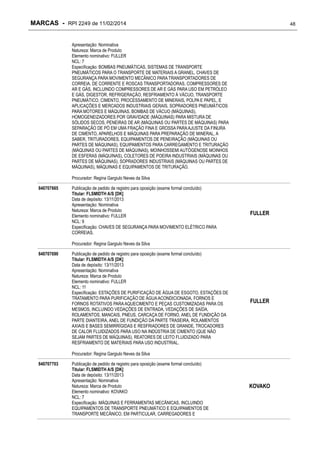 MARCAS - RPI 2249 de 11/02/2014

48

Apresentação: Nominativa
Natureza: Marca de Produto
Elemento nominativo: FULLER
NCL: 7
Especificação: BOMBAS PNEUMÁTICAS, SISTEMAS DE TRANSPORTE
PNEUMÁTICOS PARA O TRANSPORTE DE MATERIAIS A GRANEL, CHAVES DE
SEGURANÇA PARA MOVIMENTO MECÂNICO PARA TRANSPORTADORES DE
CORREIA, DE CORRENTE E ROSCAS TRANSPORTADORAS, COMPRESSORES DE
AR E GÁS, INCLUINDO COMPRESSORES DE AR E GÁS PARA USO EM PETRÓLEO
E GÁS, DIGESTOR, REFRIGERAÇÃO, RESFRIAMENTO À VÁCUO, TRANSPORTE
PNEUMÁTICO, CIMENTO, PROCESSAMENTO DE MINERAIS, POLPA E PAPEL, E
APLICAÇÕES E MERCADOS INDUSTRIAIS GERAIS, SOPRADORES PNEUMÁTICOS
PARA MOTORES E MÁQUINAS, BOMBAS DE VÁCUO (MÁQUINAS),
HOMOGENEIZADORES POR GRAVIDADE (MÁQUINAS) PARA MISTURA DE
SÓLIDOS SECOS, PENEIRAS DE AR (MÁQUINAS OU PARTES DE MÁQUINAS) PARA
SEPARAÇÃO DE PÓ EM UMA FRAÇÃO FINA E GROSSA PARA AJUSTE DA FINURA
DE CIMENTO, APARELHOS E MÁQUINAS PARA PREPARAÇÃO DE MINERAL, A
SABER, TRITURADORES, EQUIPAMENTOS DE PENEIRAÇÃO (MÁQUINAS OU
PARTES DE MÁQUINAS), EQUIPAMENTOS PARA CARREGAMENTO E TRITURAÇÃO
(MÁQUINAS OU PARTES DE MÁQUINAS), MOINHOSSEMI AUTÓGENOSE MOINHOS
DE ESFERAS (MÁQUINAS), COLETORES DE POEIRA INDUSTRIAIS (MÁQUINAS OU
PARTES DE MÁQUINAS), SOPRADORES INDUSTRIAIS (MÁQUINAS OU PARTES DE
MÁQUINAS), MÁQUINAS E EQUIPAMENTOS DE TRITURAÇÃO.
Procurador: Regina Gargiulo Neves da Silva
840707665

Publicação de pedido de registro para oposição (exame formal concluído)
Titular: FLSMIDTH A/S [DK]
Data de depósito: 13/11/2013
Apresentação: Nominativa
Natureza: Marca de Produto
Elemento nominativo: FULLER
NCL: 9
Especificação: CHAVES DE SEGURANÇA PARA MOVIMENTO ELÉTRICO PARA
CORREIAS.

FULLER

Procurador: Regina Gargiulo Neves da Silva
840707690

Publicação de pedido de registro para oposição (exame formal concluído)
Titular: FLSMIDTH A/S [DK]
Data de depósito: 13/11/2013
Apresentação: Nominativa
Natureza: Marca de Produto
Elemento nominativo: FULLER
NCL: 11
Especificação: ESTAÇÕES DE PURIFICAÇÃO DE ÁGUA DE ESGOTO, ESTAÇÕES DE
TRATAMENTO PARA PURIFICAÇÃO DE ÁGUA ACONDICIONADA, FORNOS E
FORNOS ROTATIVOS PARA AQUECIMENTO E PEÇAS CUSTOMIZADAS PARA OS
MESMOS, INCLUINDO VEDAÇÕES DE ENTRADA, VEDAÇÕES DE SAÍDA,
ROLAMENTOS, MANCAIS, PNEUS, CARCAÇA DE FORNO, ANEL DE FUNDIÇÃO DA
PARTE DIANTEIRA, ANEL DE FUNDIÇÃO DA PARTE TRASEIRA, ROLAMENTOS
AXIAIS E BASES SEMIRRÍGIDAS E RESFRIADORES DE GRANDE, TROCADORES
DE CALOR FLUIDIZADOS PARA USO NA INDÚSTRIA DE CIMENTO (QUE NÃO
SEJAM PARTES DE MÁQUINAS), REATORES DE LEITO FLUIDIZADO PARA
RESFRIAMENTO DE MATERIAIS PARA USO INDUSTRIAL.

FULLER

Procurador: Regina Gargiulo Neves da Silva
840707703

Publicação de pedido de registro para oposição (exame formal concluído)
Titular: FLSMIDTH A/S [DK]
Data de depósito: 13/11/2013
Apresentação: Nominativa
Natureza: Marca de Produto
Elemento nominativo: KOVAKO
NCL: 7
Especificação: MÁQUINAS E FERRAMENTAS MECÂNICAS, INCLUINDO
EQUIPAMENTOS DE TRANSPORTE PNEUMÁTICO E EQUIPAMENTOS DE
TRANSPORTE MECÂNICO, EM PARTICULAR, CARREGADORES E

KOVAKO

 