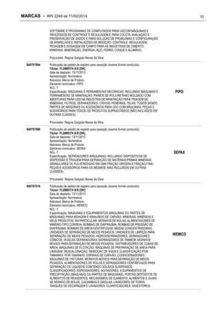 MARCAS - RPI 2249 de 11/02/2014

52

SOFTWARE E PROGRAMAS DE COMPUTADOR PARA USO EM MÁQUINAS E
PROCESSOS DE CONTROLE E REGULAGEM E PARA COLETA, AVALIAÇÃO E
PRESERVAÇÃO DE DADOS E PARA SOLUÇÃO DE PROBLEMAS E CONFIGURAÇÃO
DE APARELHOS E INSTALAÇÕES DE MEDIÇÃO, CONTROLE, REGULAGEM,
PESAGEM E DOSAGEM EM CAMPO PARA AS INDÚSTRIAS DE CIMENTO,
MINERAIS, MINERAÇÃO, ENERGIA, AÇO, FERRO, COQUE E ALUMÍNIO.
Procurador: Regina Gargiulo Neves da Silva
840707894

Publicação de pedido de registro para oposição (exame formal concluído)
Titular: FLSMIDTH A/S [DK]
Data de depósito: 13/11/2013
Apresentação: Nominativa
Natureza: Marca de Produto
Elemento nominativo: PIPO
NCL: 7
Especificação: MÁQUINAS E FERRAMENTAS MECÂNICAS, INCLUINDO MÁQUINAS E
FERRAMENTAS DE MINERAÇÃO; PAINÉIS DE POLIURETANO MOLDADO COM
ABERTURAS PARA USO NA INDÚSTRIA DE MINERAÇÃO PARA TRIAGEM DE
MINERAIS; FILTROS, SEPARADORES, CRIVOS, PENEIRAS, TELAS, TODOS SENDO
PARTES DE MÁQUINAS OU ACESSÓRIOS PARA USO COM MÁQUINAS; PEÇAS E
ACESSÓRIOS PARA TODOS OS PRODUTOS SUPRACITADOS (NÃO INCLUÍDOS EM
OUTRAS CLASSES).

PIPO

Procurador: Regina Gargiulo Neves da Silva
840707908

Publicação de pedido de registro para oposição (exame formal concluído)
Titular: FLSMIDTH A/S [DK]
Data de depósito: 13/11/2013
Apresentação: Nominativa
Natureza: Marca de Produto
Elemento nominativo: SEPAX
NCL: 7
Especificação: SEPARADORES (MÁQUINAS), INCLUINDO DISPOSITIVOS DE
DISPERSÃO E TRIAGEM PARA SEPARAÇÃO DE MATÉRIAS-PRIMAS MINERAIS
GRANULARES OU PULVERIZADAS EM UMA FRAÇÃO GROSSA E FRAÇÃO FINA;
PEÇAS E ACESSÓRIOS PARA OS MESMOS (NÃO INCLUÍDOS EM OUTRAS
CLASSES).

SEPAX

Procurador: Regina Gargiulo Neves da Silva
840707916

Publicação de pedido de registro para oposição (exame formal concluído)
Titular: FLSMIDTH A/S [DK]
Data de depósito: 13/11/2013
Apresentação: Nominativa
Natureza: Marca de Produto
Elemento nominativo: WEMCO
NCL: 7
Especificação: MÁQUINAS E EQUIPAMENTOS (MÁQUINAS OU PARTES DE
MÁQUINAS) PARA MOAGEM E MANUSEIO DE CARVÃO, MINERAIS, MINÉRIOS E
SEUS PRODUTOS, EM PARTICULAR, MOINHOS DE BOLAS, ALIMENTADORES DE
MINÉRIO TIPO CORREIA, BOMBAS DE DIAFRAGMA, BOMBAS DE PRESSÃO DE
DIAFRAGMA, BOMBAS DE AREIA CENTRÍFUGAS, MESAS CONCENTRADORAS,
UNIDADES DE SEPARAÇÃO DE MEIOS PESADOS, UNIDADES DE LIMPEZA PARA
SEPARAÇÃO DE MEIOS PESADOS, HIDROSSEPARADORES, SEPARADORES
CÔNICOS, ROSCAS SEPARADORAS, SEPARADORES DE TAMBOR, MOINHOS
MÓVEIS PARA SEPARAÇÃO DE MEIOS PESADOS, DISTRIBUIDORES DE CUBAS DE
AREIA, MÁQUINAS DE FLOTAÇÃO, MÁQUINAS DE PREPARAÇÃO DE AREIA PARA
LAVAGEM, DESCALCINAÇÃO, REMOÇÃO DE ÁGUA E CLASSIFICAÇÃO POR
TAMANHO, POR TAMANHO, ESPIRAIS DE CARVÃO, CONDICIONADORES,
MÁQUINAS DE TRITURAR, MOINHOS MÓVEIS PARA SEPARAÇÃO DE MEIOS
PESADOS, ALIMENTADORES DE ROLOS E SEPARADORES CENTRÍFUGOS PARA
SEPARAÇÃO DE LÍQUIDOS CONTENDO SÓLIDOS SUSPENSOS,
CLASSIFICADORES, ESPESSADORES, AGITADORES, EQUIPAMENTOS DE
PRECIPITAÇÃO (MÁQUINAS OU PARTES DE MÁQUINAS), PORTAS DEPÓSITOS DE
ALIMENTOS DE REAGENTES, MECANISMOS DE IÇAMENTO, ALIMENTOS E GUIAS
DE MOINHO DE BOLAS, CAÇAMBAS E GAIOLAS, LAVADORES DE TORAS,
TANQUES DE DECAPAGEM E LAVADORES, CLARIFICADORES, DIGESTORES,

WEMCO

 