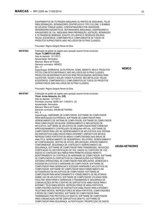 MARCAS - RPI 2249 de 11/02/2014

53

EQUIPAMENTOS DE FILTRAGEM (MÁQUINAS OU PARTES DE MÁQUINAS), TELAS
PARA SEPARAÇÃO, SEPARADORES CENTRÍFUGOS E TIPO CICLONE, E BOMBAS
DE SÓLIDOS TORQUE-VAZÃO, CONCENTRADORES POR GRAVIDADE,
SEPARADORES MAGNÉTICOS, DEPURADORES (MÁQUINAS), DISSIPADORES E
APAGADORES DE CAL; MÁQUINAS PARA PREPARAÇÃO, AGITAÇÃO, SEPARAÇÃO
E FILTRAGEM DE MINERAIS, ESGOTO, EFLUENTES E RESÍDUOS SÓLIDOS;
PEÇAS, ACESSÓRIOS, COMPONENTES E COMPLEMENTOS DE TODOS OS
PRODUTOS SUPRACITADOS (NÃO INCLUÍDOS EM OUTRAS CLASSES).
Procurador: Regina Gargiulo Neves da Silva
840707924

Publicação de pedido de registro para oposição (exame formal concluído)
Titular: FLSMIDTH A/S [DK]
Data de depósito: 13/11/2013
Apresentação: Nominativa
Natureza: Marca de Produto
Elemento nominativo: WEMCO
NCL: 17
Especificação: BORRACHA, GUTA-PERCHA, GOMA, AMIANTO, MICA E PRODUTOS
FEITOS COM ESTES MATERIAIS E NÃO INCLUÍDOS EM OUTRAS CLASSES;
PRODUTOS EM MATÉRIAS PLÁSTICAS SEMI PROCESSADAS; MATERIAIS PARA
CALAFETAR, VEDAR E ISOLAR; CANOS FLEXÍVEIS, NÃO METÁLICOS; PEÇAS;
ACESSÓRIOS, COMPONENTES E COMPLEMENTOS DE TODOS OS PRODUTOS
SUPRACITADOS (NÃO INCLUÍDOS EM OUTRAS CLASSES).

WEMCO

Procurador: Regina Gargiulo Neves da Silva
840707967

Publicação de pedido de registro para oposição (exame formal concluído)
Titular: Aruba Networks, Inc. [US]
Data de depósito: 13/11/2013
Prioridade unionista: 86/061,561 11/09/2013 US
Apresentação: Nominativa
Natureza: Marca de Produto
Elemento nominativo: ARUBA NETWORKS
NCL: 9
Especificação: HARDWARE DE COMPUTADOR, SOFTWARE DE COMPUTADOR
PARA NAVEGAÇÃO ELETRÔNICA; SOFTWARE DE COMPUTADOR PARA
GERENCIAMENTO DE SISTEMA DE COMPUTADOR; SOFTWARE DE COMPUTADOR
PARA COMPUTAÇÃO EM NUVEM, GERENCIAMENTO E IMPLANTAÇÃO DE
APLICATIVO; SOFTWARE DE APLICATIVO DE COMPUTADOR PARA FORNECER
APROVISIONAMENTO CONTROLADO DE MÁQUINA VIRTUAL; SOFTWARE DE
COMPUTADOR PARA USO NO GERENCIAMENTO DE APLICATIVOS QUE OPERAM
EM DISPOSITIVOS HABILITADOS PARA A INTERNET, DISPOSITIVOS MÓVEIS,
REPRODUTORES PORTÁTEIS DE MÍDIA E COMPUTADORES NAS ÁREAS DE
ANALÍTICA, GERENCIAMENTO DE DESEMPENHO, RELATÓRIO, GERENCIAMENTO
DE CONFIGURAÇÃO, GESTÃO DE ATIVOS, IMPLANTAÇÃO, APROVEITAMENTO,
CONFORMIDADE, SEGURANÇA DE CONTEÚDO E GERENCIAMENTO DE
SEGURANÇA; SOFTWARE DE COMPUTADOR PARA TRANSMISSÃO, RECEPÇÃO,
CODIFICAÇÃO OU DECODIFICAÇÃO DE VOZ, DADOS OU CONTEÚDO DE VOZ,
DADOS OU CONTEÚDO MULTIMÍDIA PARA PERMITIR ACESSO REMOTO,
MONITORAMENTO OU CONTROLE DE HARDWARE DE COMPUTADOR, SOFTWARE
DE COMPUTADOR OU DISPOSITIVOS DE COMUNICAÇÕES ELETRÔNICOS;
SISTEMAS OPERACIONAL DE COMPUTADOR PARA IMPLANTAR, GERENCIAR E
ACESSAR APLICATIVOS E HARDWARE DE COMPUTADOR, SOFTWARE DE
COMPUTADOR PARA GERENCIAR E ACESSAR HARDWARE E APLICATIVOS DE
COMPUTADOR; SOFTWARE DE COMPUTADOR PARA FORNECIMENTO EM
AUTOSSERVIÇO DE APLICATIVOS DE COMPUTADOR; SOFTWARE DE
COMPUTADOR PARA MONITORAMENTO E FORNECIMENTO DE RELATÓRIOS
SOBRE USO DE APLICATIVO; SOFTWARE DE COMPUTADOR UTILIZADO PARA
FACILITAR, MONITORAR E GERENCIAR A TRANSMISSÃO E SEGURANÇA DE
COMUNICAÇÕES ENTRE E DENTRO DE DISPOSITIVOS HABILITADOS PARA A
INTERNET, TELEFONES MÓVEIS, REPRODUTORES DE MÍDIA PORTÁTEIS,
COMPUTADORES DENTRO DE DISPOSITIVOS HABILITADOS PARA A INTERNET,
TELEFONES MÓVEIS, REPRODUTORES DE MÍDIA PORTÁTEIS, COMPUTADORES
E REDES DE COMPUTADORES; SOFTWARE DE COMPUTADOR PARA
TRANSMISSÃO POR PROTOCOLO IP SEM FIO; SOFTWARE DE COMPUTADOR
PARA COMUNICAÇÃO ENTRE DISPOSITIVOS SEM FIO; SOFTWARE DE
COMPUTADOR PARA SEGURANÇA, AUTENTICAÇÃO, PROSPECÇÃO DE DADOS,

ARUBA NETWORKS

 