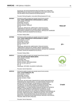 MARCAS - RPI 2249 de 11/02/2014

55

Especificação: APLICATIVOS BAIXÁVEIS PARA TELEFONES CELULARES PARA
DEMONSTRAÇÃO DE PRODUTOS NO SEGMENTO DE ÓCULOS E LENTES, PARA
USO EM VÁRIOS TIPOS DE DISPOSITIVOS MÓVEIS SEM FIO.
Procurador: Bhering Advogados ( nome anterior Bhering Assessoria S/C Ltda.)
840708076

Publicação de pedido de registro para oposição (exame formal concluído)
Titular: COSAN LUBRIFICANTES E ESPECIALIDADES S.A. [BR/RJ]
Data de depósito: 13/11/2013
Apresentação: Nominativa
Natureza: Marca de Serviço
Elemento nominativo: TROCA ZIP
NCL: 37
Especificação: SERVIÇOS DE LUBRIFICAÇÃO E TROCA DE ÓLEOS E
LUBRIFICANTES; SERVIÇOS DE LAVAGEM, LIMPEZA, HIGIENIZAÇÃO,
MANUTENÇÃO E REPARO DE VEÍCULOS EM GERAL; SERVIÇOS DE CALIBRAGEM
DE PNEUS, CENTRO DE DIAGNÓSTICO DE VEÍCULO.

TROCA ZIP

Procurador: Rodrigo Caffaro
840708092

Publicação de pedido de registro para oposição (exame formal concluído)
Titular: COSAN LUBRIFICANTES E ESPECIALIDADES S.A. [BR/RJ]
Data de depósito: 13/11/2013
Apresentação: Nominativa
Natureza: Marca de Serviço
Elemento nominativo: ZIP +
NCL: 37
Especificação: SERVIÇOS DE LUBRIFICAÇÃO E TROCA DE ÓLEOS E
LUBRIFICANTES; SERVIÇOS DE LAVAGEM, LIMPEZA, HIGIENIZAÇÃO,
MANUTENÇÃO E REPARO DE VEÍCULOS EM GERAL; SERVIÇOS DE CALIBRAGEM
DE PNEUS, CENTRO DE DIAGNÓSTICO DE VEÍCULO.

ZIP +

Procurador: Rodrigo Caffaro
840708114

Publicação de pedido de registro para oposição (exame formal concluído)
Titular: GIULIANA SPICCIATI RIBEIRO [BR/SP]
Data de depósito: 13/11/2013
Apresentação: Mista
Natureza: Marca de Produto
Elemento nominativo: SACHII BEACHWEAR
CFE: 26.1.12, 27.5.1 e 29.1.12
NCL: 25
Especificação: VESTUÁRIO, CALÇADOS E CHAPELARIA.
Procurador: David do Nascimento

840708122

Publicação de pedido de registro para oposição (exame formal concluído)
Titular: LG ELECTRONICS INC. [KR]
Data de depósito: 13/11/2013
Apresentação: Nominativa
Natureza: Marca de Produto
Elemento nominativo: G Health
NCL: 14
Especificação: RELÓGIOS PARA COMUNICAÇÃO DE DADOS PARA ASSISTENTES
PESSOAIS DIGITAIS, SMARTPHONES E / OU COMPUTADORES PESSOAIS POR
MEIO DE PORTAIS DA INTERNET, OUTRAS REDES DE COMUNICAÇÃO
ELETRÔNICA E / OU DE COMPUTADORES; PULSEIRAS DE RELÓGIO PARA
COMUNICAÇÃO DE DADOS PARA ASSISTENTES PESSOAIS DIGITAIS,
SMARTPHONES E / OU COMPUTADORES PESSOAIS POR MEIO DE PORTAIS DA
INTERNET, OUTRAS REDES DE COMUNICAÇÃO ELETRÔNICA E / OU DE
COMPUTADORES; RELÓGIOS COM FUNÇÃO DE COMUNICAÇÃO MÓVEL;
RELÓGIOS; RELÓGIOS DE PULSO; RELÓGIOS ELETRÔNICOS; MOSTRADORES DE
RELÓGIOS; VIDROS DE RELÓGIO; CORRENTES DE RELÓGIO; ESTOJOS PARA
RELOJOARIA; PEÇAS PARA RELÓGIOS; BOLSAS PARA RELÓGIO; COLARES;
BRACELETES; CHAVEIROS DE BIJUTERIA DE METAL PRECIOSO; FIOS DE METAL
PRECIOSO; ANÉIS DE METAL PRECIOSO.
Procurador: David do Nascimento

G Health

 