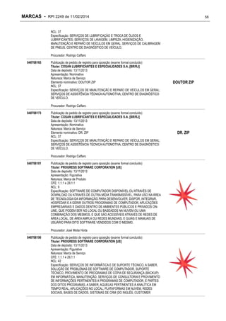 MARCAS - RPI 2249 de 11/02/2014

58

NCL: 37
Especificação: SERVIÇOS DE LUBRIFICAÇÃO E TROCA DE ÓLEOS E
LUBRIFICANTES; SERVIÇOS DE LAVAGEM, LIMPEZA, HIGIENIZAÇÃO,
MANUTENÇÃO E REPARO DE VEÍCULOS EM GERAL; SERVIÇOS DE CALIBRAGEM
DE PNEUS, CENTRO DE DIAGNÓSTICO DE VEÍCULO.
Procurador: Rodrigo Caffaro
840708165

Publicação de pedido de registro para oposição (exame formal concluído)
Titular: COSAN LUBRIFICANTES E ESPECIALIDADES S.A. [BR/RJ]
Data de depósito: 13/11/2013
Apresentação: Nominativa
Natureza: Marca de Serviço
Elemento nominativo: DOUTOR ZIP
NCL: 37
Especificação: SERVIÇOS DE MANUTENÇÃO E REPARO DE VEÍCULOS EM GERAL;
SERVIÇOS DE ASSISTÊNCIA TÉCNICA AUTOMOTIVA; CENTRO DE DIAGNÓSTICO
DE VEÍCULO.

DOUTOR ZIP

Procurador: Rodrigo Caffaro
840708173

Publicação de pedido de registro para oposição (exame formal concluído)
Titular: COSAN LUBRIFICANTES E ESPECIALIDADES S.A. [BR/RJ]
Data de depósito: 13/11/2013
Apresentação: Nominativa
Natureza: Marca de Serviço
Elemento nominativo: DR. ZIP
NCL: 37
Especificação: SERVIÇOS DE MANUTENÇÃO E REPARO DE VEÍCULOS EM GERAL;
SERVIÇOS DE ASSISTÊNCIA TÉCNICA AUTOMOTIVA; CENTRO DE DIAGNÓSTICO
DE VEÍCULO.
Procurador: Rodrigo Caffaro

840708181

Publicação de pedido de registro para oposição (exame formal concluído)
Titular: PROGRESS SOFTWARE CORPORATION [US]
Data de depósito: 13/11/2013
Apresentação: Figurativa
Natureza: Marca de Produto
CFE: 1.1.1 e 29.1.1
NCL: 9
Especificação: SOFTWARE DE COMPUTADOR DISPONÍVEL OU ATRAVÉS DE
DOWNLOAD OU ATRAVÉS DE OUTRA MÍDIA TRANSMISSÍVEL, PARA USO NA ÁREA
DE TECNOLOGIA DA INFORMAÇÃO PARA DESENVOLVER, DISPOR, INTEGRAR,
HOSPEDAR E A GERIR OUTROS PROGRAMAS DE COMPUTADOR, APLICAÇÕES
EMPRESARIAIS E DADOS DENTRO DE AMBIENTES PÚBLICOS E PRIVADOS ONLINE, QUE PODEM SER NO LOCAL OU BASEADOS NA NUVEM OU UMA
COMBINAÇÃO DOS MESMOS, E QUE SÃO ACESSÍVEIS ATRAVÉS DE REDES DE
ÁREA LOCAL, DE ÁREA AMPLA OU REDES MUNDIAIS, E GUIAS E MANUAIS DE
USUÁRIO PARA DITO SOFTWARE VENDIDOS COM O MESMO.
Procurador: José Moita Horta

840708190

Publicação de pedido de registro para oposição (exame formal concluído)
Titular: PROGRESS SOFTWARE CORPORATION [US]
Data de depósito: 13/11/2013
Apresentação: Figurativa
Natureza: Marca de Serviço
CFE: 1.1.1 e 29.1.1
NCL: 42
Especificação: SERVIÇOS DE INFORMÁTICA E DE SUPORTE TÉCNICO, A SABER,
SOLUÇÃO DE PROBLEMAS DE SOFTWARE DE COMPUTADOR, SUPORTE
TÉCNICO, PROVIMENTO DE PROGRAMAS DE CÓPIA DE SEGURANÇA (BACKUP)
EM INFORMÁTICA, MANUTENÇÃO, SERVIÇOS DE CONSULTORIA E PROVIMENTO
DE INFORMAÇÕES PERTINENTES A PROGRAMAS DE COMPUTADOR, E PARTES
DOS DITOS PROGRAMAS, A SABER, AQUELAS PERTINENTES À ANALÍTICA EM
TEMPO REAL, APLICAÇÕES NO LOCAL, PLATAFORMAS EM NUVEM, REDES
SOCIAIS, BASES DE DADOS, SISTEMAS DE CRM (DO INGLÊS, CUSTOMER

DR. ZIP

 