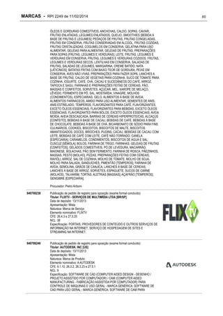 MARCAS - RPI 2249 de 11/02/2014
ÓLEOS E GORDURAS COMESTÍVEIS, ANCHOVAS, CALDO, SOPAS, CAVIAR,
FRUTAS ENLATADAS, LEGUMES ENLATADOS, QUEIJO, SMOOTHIES [BEBIDA À
BASE DE FRUTAS E LEGUMES]; PEDAÇOS DE FRUTAS, FRUTAS CONGELADAS,
FRUTAS EM CONSERVA, FRUTAS CONSERVADAS EM ÁLCOOL, FRUTAS COZIDAS,
FRUTAS CRISTALIZADAS, COGUMELOS EM CONSERVA, GELATINA PARA USO
ALIMENTAR, GELEIAS PARA ALIMENTAR, GELEIAS DE FRUTAS, PREPARAÇÕES
PARA SOPAS [FRUTAS, LEGUMES E VERDURAS], LEITE, FRUTAS, LEGUMES E
VERDURAS EM CONSERVA, FRUTAS, LEGUMES E VERDURAS COZIDOS, FRUTAS,
LEGUMES E VERDURAS SECOS, LENTILHAS EM CONSERVA, SALADAS DE
FRUTAS, SALADAS DE LEGUMES, MARGARINA, CREME BATIDO, NATA
[LATICÍNIOS]; BATATAS FRITAS COM BAIXO TEOR DE GORDURA, PEIXE EM
CONSERVA, AVES NÃO VIVAS, PREPARAÇÕES PARA FAZER SOPA, LANCHES A
BASE DE FRUTAS, CALDO DE VEGETAIS PARA COZINHA, SUCO DE TOMATE PARA
COZINHA, IOGURTE, CAFÉ, CHÁ, CACAU E SUCEDÂNEOS DO CAFÉ, ARROZ,
TAPIOCA E SAGU, FARINHAS E PREPARAÇÕES FEITAS DE CEREAIS, PÃO,
MASSAS E CONFEITOS, SORVETES, AÇÚCAR, MEL, XAROPE DE MELAÇO,
LÊVEDO, FERMENTO EM PÓ, SAL, MOSTARDA, VINAGRE, MOLHOS
(CONDIMENTOS), ESPECIARIAS, GELO, ALIMENTOS À BASE DE AVEIA,
ALIMENTOS FARINÁCEOS, AMIDO PARA USO ALIMENTAR, SEMENTES DE ANIS,
ANIS ESTRELADO, TEMPEROS, FLAVORIZANTES PARA CAFÉ, FLAVORIZANTES,
EXCETO ÓLEOS ESSENCIAIS, FLAVORIZANTES PARA BEBIDAS, EXCETO ÓLEOS
ESSENCIAIS, FLAVORIZANTES PARA BOLOS, EXCETO ÓLEOS ESSENCIAIS, AVEIA
MOÍDA, AVEIA DESCASCADA, BARRAS DE CEREAIS HIPERPROTEICAS, ALCAÇUS
[CONFEITO], BEBIDAS À BASE DE CACAU, BEBIDAS DE CAFÉ, BEBIDAS À BASE
DE CHOCOLATE, BEBIDAS À BASE DE CHÁ, BICARBONATO DE SÓDIO PARA FINS
CULINÁRIOS, COOKIES, BISCOITOS, BISCOITOS DE MALTE, BISCOITOS
AMANTEIGADOS, DOCES, BRIOCHES, PUDINS, CACAU, BEBIDAS DE CACAU COM
LEITE, BEBIDAS DE CAFÉ COM LEITE, CAFÉ NÃO TORRADO, CANELA
[ESPECIARIA]; CARAMELOS, CONDIMENTOS, BISCOITOS DE ÁGUA E SAL;
CUSCUZ [SÊMOLA], BOLOS, FARINHA DE TRIGO, FARINHAS, GELEIAS DE FRUTAS
[CONFEITOS], GELADOS COMESTÍVEIS, PÓ DE LEVEDURA, MACARRÃO,
MAIONESE, BOLACHAS, PÃO SEM FERMENTO, FARINHA DE ROSCA, PÃEZINHOS,
MASSAS, PESTO [MOLHO], PIZZAS, PREPARAÇÕES FEITAS COM CEREAIS,
RAVIÓLI, ARROZ, SAL DE COZINHA, MOLHO DE TOMATE, MOLHO DE SOJA,
MOLHO PARA SALADA, SANDUÍCHES, PIMENTÃO [TEMPEROS], FARINHA DE
AVEIA, SEMOLINA, GRÃOS DE CANJICA, LANCHES À BASE DE CEREAIS,
LANCHES À BASE DE ARROZ, SORVETES, ESPAGUETE, SUCOS DE CARNE
(MOLHOS), TALHARIM, TORTAS, ALETRIAS [MASSAS]; AÇAFRÃO [TEMPEROS];
GENGIBRE [ESPECIARIA].
Procurador: Pietro Ariboni
840708238

Publicação de pedido de registro para oposição (exame formal concluído)
Titular: FLIXTV - SERVIÇOS DE MULTIMÍDIA LTDA [BR/SP]
Data de depósito: 13/11/2013
Apresentação: Mista
Natureza: Marca de Serviço
Elemento nominativo: FLIXTV
CFE: 26.4.3 e 27.5.25
NCL: 38
Especificação: PORTAIS, PROVEDORES DE CONTEÚDO E OUTROS SERVIÇOS DE
INFORMAÇÃO NA INTERNET; SERVIÇO DE HOSPEDAGEM DE SITES E
STREAMING NA INTERNET.

840708246

Publicação de pedido de registro para oposição (exame formal concluído)
Titular: AUTODESK, INC [US]
Data de depósito: 13/11/2013
Apresentação: Mista
Natureza: Marca de Produto
Elemento nominativo: A AUTODESK
CFE: 9.1.10, 26.3.2, 26.3.23 e 27.5.1
NCL: 9
Especificação: SOFTWARE DE CAD (COMPUTER AIDED DESIGN - DESENHO /
PROJETO ASSISTIDO POR COMPUTADOR) / CAM (COMPUTER AIDED
MANUFACTURING - FABRICAÇÃO ASSISTIDA POR COMPUTADOR) PARA
CONTROLE DE MÁQUINAS E USO GERAL - MARCA GENÉRICA; SOFTWARE DE
CAD PARA USO GERAL - MARCA GENÉRICA; SOFTWARE DE CAM PARA

60

 