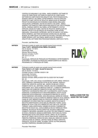 MARCAS - RPI 2249 de 11/02/2014
CONTROLE DE MÁQUINAS E USO GERAL - MARCA GENÉRICA; SOFTWARE DE
JOGOS DE COMPUTADOR; SOFTWARE DE GRÁFICOS DE COMPUTADOR;
SOFTWARE DE COMPUTADOR PARA ARQUITETURA, PROTOTIPAGEM DIGITAL,
DESENHO GRÁFICO, MULTIMÍDIA, ENTRETENIMENTO, EFEITOS ESPECIAIS,
EDIÇÃO DE FILMES, GESTÃO DE PROJETOS, MANIPULAÇÃO DE IMAGENS,
PROJETO DE DECORAÇÃO DE INTERIORES (HOME DESIGN) SIMULAÇÃO,
VISUALIZAÇÃO, EXPRESSÃO, GESTÃO DE DADOS E USO GERAL - MARCA
GENÉRICA; SOFTWARE DE COMPUTADOR PARA ARQUITETURA, PROTOTIPAGEM
DIGITAL, DESENHO GRÁFICO, MULTIMÍDIA, ENTRETENIMENTO, EFEITOS
ESPECIAIS, EDIÇÃO DE FILMES, GESTÃO DE PROJETOS, MANIPULAÇÃO DE
IMAGENS, PROJETO DE DECORAÇÃO DE INTERIORES (HOME DESIGN),
SIMULAÇÃO, VISUALIZAÇÃO, EXPRESSÃO, GESTÃO DE DADOS E USO GERAL MARCA GENÉRICA, QUE PODE SER BAIXADO (DOWNLOAD) DE UMA REDE
MUNDIAL DE COMPUTADOR; SOFTWARE EDUCACIONAL CONTENDO INSTRUÇÃO
SOBRE DESENHO, ARTE, MULTIMÍDIA, MANIPULAÇÃO DE IMAGENS E
ARQUITETURA; SOFTWARE PARA PROCESSAR IMAGENS, GRÁFICOS E TEXTO.
Procurador: José Moita Horta
840708254

Publicação de pedido de registro para oposição (exame formal concluído)
Titular: FLIXTV - SERVIÇOS DE MULTIMÍDIA LTDA [BR/SP]
Data de depósito: 13/11/2013
Apresentação: Mista
Natureza: Marca de Serviço
Elemento nominativo: FLIXTV
CFE: 26.4.3 e 27.5.25
NCL: 41
Especificação: SERVIÇOS DE PRODUÇÃO DE PROGRAMAS E ENTRETENIMENTO
NA INTERNET; ATIVIDADES DE PRODUÇÃO CINEMATOGRÁFICA DE VÍDEOS E
PROGRAMAS DE TV PRODUÇÃO DE FILMES.

840708262

Publicação de pedido de registro para oposição (exame formal concluído)
Titular: Barilla G. e R. Fratelli - Società Per Azioni [IT]
Data de depósito: 13/11/2013
Prioridade unionista: 011807898 13/05/2013 EM
Apresentação: Nominativa
Natureza: Marca de Produto
Elemento nominativo: BARILLA GOOD FOR YOU GOOD FOR THE PLANET
NCL: 30
Especificação: CAFÉ, CHÁ, CACAU E SUCEDÂNEOS DO CAFÉ; ARROZ; TAPIOCA E
SAGU; FARINHAS E PREPARAÇÕES FEITAS DE PÃO; MASSAS, CEREAIS E
CONFEITOS, SORVETES; AÇÚCAR; MEL, XAROPE DE MELAÇO; LÊVEDO;
FERMENTO EM PÓ; SAL, MOSTARDA; VINAGRE, MOLHOS (CONDIMENTOS);
ESPECIARIAS; GELO, AVEIA (ALIMENTOS À BASE DE -); ALIMENTOS FARINÁCEOS;
AMIDO PARA USO ALIMENTAR; SEMENTES DE ANIS, ANIS ESTRELADO;
TEMPEROS; FLAVORIZANTES PARA CAFÉ; FLAVORIZANTES, EXCETO ÓLEOS
ESSENCIAIS; FLAVORIZANTES DE PLANTA PARA BEBIDAS, EXCETO ÓLEOS
ESSENCIAIS ÓLEOS ESSENCIAIS; FLAVORIZANTES PARA BOLOS, EXCETO
BARILLA GOOD FOR YOU
ÓLEOS ESSENCIAIS; AVEIA MOÍDA; AVEIA DESCASCADA; BARRAS DE CEREAIS
HIPERPROTEICAS; ALCAÇUZ [CONFEITO]; BEBIDAS À BASE DE CACAU; BEBIDAS GOOD FOR THE PLANET
À BASE DE CAFÉ; BEBIDAS À BASE DE CHOCOLATE; BEBIDAS À BASE DE CHÁ;
BICARBONATO DE SÓDIO PARA FINS CULINÁRIOS; BISCOITOS DE MALTE;
BISCOITOS AMANTEIGADOS; DOCES [BALAS]; BRIOCHES; PUDINS; CACAU;
BEBIDAS DE CACAU COM LEITE; BEBIDAS DE CAFÉ COM LEITE; CAFÉ NÃO
TORRADO; CANELA [ESPECIARIA]; CARAMELOS [DOCES]; CONDIMENTOS;
BISCOITOS DE ÁGUA E SAL; CUSCUZ [SÊMOLA]; BOLOS; FARINHA DE TRIGO;
FARINHAS; GELEIAS DE FRUTAS [CONFEITOS]; GELADOS COMESTÍVEIS;
FERMENTO; MACARRÃO; MAIONESE; BOLACHAS; PÃO SEM FERMENTO; FARINHA
DE ROSCA; PÃEZINHOS; MASSAS [ALIMENTARES]; PESTO [MOLHO]; PIZZAS;
PREPARAÇÕES FEITAS COM CEREAIS; RAVIÓLI; ARROZ; SAL DE COZINHA;
MOLHO DE TOMATE; MOLHO DE SOJA; MOLHO PARA SALADA; SANDUÍCHES;
PIMENTÃO [TEMPEROS]; FARINHA DE AVEIA; SEMOLINA; GRÃOS DE CANJICA;
LANCHES À BASE DE CEREAIS; LANCHES À BASE DE ARROZ; SORVETES;
ESPAGUETE; SUCOS DE CARNE; TALHARIM; TORTAS; ALETRIAS [MASSAS];
AÇAFRÃO [TEMPEROS]; GENGIBRE [ESPECIARIA].
Procurador: Pietro Ariboni

61

 