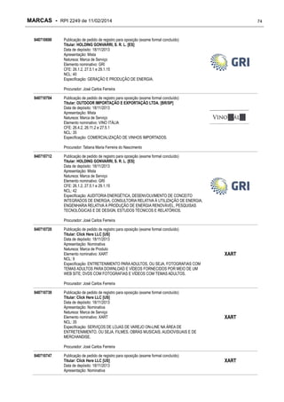 MARCAS - RPI 2249 de 11/02/2014
840710690

74

Publicação de pedido de registro para oposição (exame formal concluído)
Titular: HOLDING GONVARRI, S. R. L. [ES]
Data de depósito: 18/11/2013
Apresentação: Mista
Natureza: Marca de Serviço
Elemento nominativo: GRI
CFE: 26.1.2, 27.5.1 e 29.1.15
NCL: 40
Especificação: GERAÇÃO E PRODUÇÃO DE ENERGIA.
Procurador: José Carlos Ferreira

840710704

Publicação de pedido de registro para oposição (exame formal concluído)
Titular: OUTDOOR IMPORTAÇÃO E EXPORTAÇÃO LTDA. [BR/SP]
Data de depósito: 18/11/2013
Apresentação: Mista
Natureza: Marca de Serviço
Elemento nominativo: VINO ITÁLIA
CFE: 26.4.2, 26.11.2 e 27.5.1
NCL: 35
Especificação: COMERCIALIZAÇÃO DE VINHOS IMPORTADOS.
Procurador: Tatiana Maria Ferreira do Nascimento

840710712

Publicação de pedido de registro para oposição (exame formal concluído)
Titular: HOLDING GONVARRI, S. R. L. [ES]
Data de depósito: 18/11/2013
Apresentação: Mista
Natureza: Marca de Serviço
Elemento nominativo: GRI
CFE: 26.1.2, 27.5.1 e 29.1.15
NCL: 42
Especificação: AUDITORIA ENERGÉTICA, DESENVOLVIMENTO DE CONCEITO
INTEGRADOS DE ENERGIA, CONSULTORIA RELATIVA À UTILIZAÇÃO DE ENERGIA,
ENGENHARIA RELATIVA À PRODUÇÃO DE ENERGIA RENOVÁVEL, PESQUISAS
TECNOLÓGICAS E DE DESIGN, ESTUDOS TÉCNICOS E RELATÓRIOS.
Procurador: José Carlos Ferreira

840710720

Publicação de pedido de registro para oposição (exame formal concluído)
Titular: Click Here LLC [US]
Data de depósito: 18/11/2013
Apresentação: Nominativa
Natureza: Marca de Produto
Elemento nominativo: XART
NCL: 9
Especificação: ENTRETENIMENTO PARA ADULTOS, OU SEJA, FOTOGRAFIAS COM
TEMAS ADULTOS PARA DOWNLOAD E VÍDEOS FORNECIDOS POR MEIO DE UM
WEB SITE; DVDS COM FOTOGRAFIAS E VÍDEOS COM TEMAS ADULTOS.

XART

Procurador: José Carlos Ferreira
840710739

Publicação de pedido de registro para oposição (exame formal concluído)
Titular: Click Here LLC [US]
Data de depósito: 18/11/2013
Apresentação: Nominativa
Natureza: Marca de Serviço
Elemento nominativo: XART
NCL: 35
Especificação: SERVIÇOS DE LOJAS DE VAREJO ON-LINE NA ÁREA DE
ENTRETENIMENTO, OU SEJA, FILMES, OBRAS MUSICAIS, AUDIOVISUAIS E DE
MERCHANDISE.

XART

Procurador: José Carlos Ferreira
840710747

Publicação de pedido de registro para oposição (exame formal concluído)
Titular: Click Here LLC [US]
Data de depósito: 18/11/2013
Apresentação: Nominativa

XART

 