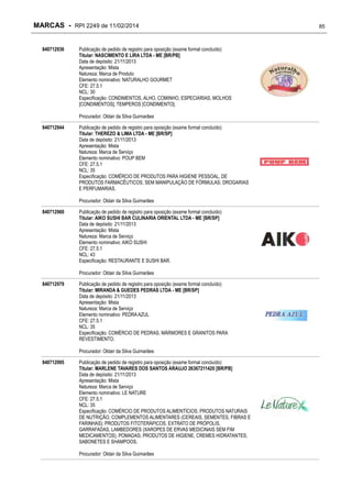 MARCAS - RPI 2249 de 11/02/2014
840712936

Publicação de pedido de registro para oposição (exame formal concluído)
Titular: NASCIMENTO E LIRA LTDA - ME [BR/PB]
Data de depósito: 21/11/2013
Apresentação: Mista
Natureza: Marca de Produto
Elemento nominativo: NATURALHO GOURMET
CFE: 27.5.1
NCL: 30
Especificação: CONDIMENTOS, ALHO, COMINHO, ESPECIARIAS, MOLHOS
[CONDIMENTOS], TEMPEROS [CONDIMENTO].
Procurador: Oldair da Silva Guimarães

840712944

Publicação de pedido de registro para oposição (exame formal concluído)
Titular: THEREZO & LIMA LTDA - ME [BR/SP]
Data de depósito: 21/11/2013
Apresentação: Mista
Natureza: Marca de Serviço
Elemento nominativo: POUP BEM
CFE: 27.5.1
NCL: 35
Especificação: COMÉRCIO DE PRODUTOS PARA HIGIENE PESSOAL, DE
PRODUTOS FARMACÊUTICOS, SEM MANIPULAÇÃO DE FÓRMULAS; DROGARIAS
E PERFUMARIAS.
Procurador: Oldair da Silva Guimarães

840712960

Publicação de pedido de registro para oposição (exame formal concluído)
Titular: AIKO SUSHI BAR CULINARIA ORIENTAL LTDA - ME [BR/SP]
Data de depósito: 21/11/2013
Apresentação: Mista
Natureza: Marca de Serviço
Elemento nominativo: AIKO SUSHI
CFE: 27.5.1
NCL: 43
Especificação: RESTAURANTE E SUSHI BAR.
Procurador: Oldair da Silva Guimarães

840712979

Publicação de pedido de registro para oposição (exame formal concluído)
Titular: MIRANDA & GUEDES PEDRAS LTDA - ME [BR/SP]
Data de depósito: 21/11/2013
Apresentação: Mista
Natureza: Marca de Serviço
Elemento nominativo: PEDRA AZUL
CFE: 27.5.1
NCL: 35
Especificação: COMÉRCIO DE PEDRAS, MÁRMORES E GRANITOS PARA
REVESTIMENTO.
Procurador: Oldair da Silva Guimarães

840712995

Publicação de pedido de registro para oposição (exame formal concluído)
Titular: MARLENE TAVARES DOS SANTOS ARAUJO 26367211420 [BR/PB]
Data de depósito: 21/11/2013
Apresentação: Mista
Natureza: Marca de Serviço
Elemento nominativo: LE NATURE
CFE: 27.5.1
NCL: 35
Especificação: COMÉRCIO DE PRODUTOS ALIMENTÍCIOS, PRODUTOS NATURAIS
DE NUTRIÇÃO, COMPLEMENTOS ALIMENTARES (CEREAIS, SEMENTES, FIBRAS E
FARINHAS); PRODUTOS FITOTERÁPICOS, EXTRATO DE PRÓPOLIS,
GARRAFADAS, LAMBEDORES (XAROPES DE ERVAS MEDICINAIS SEM FIM
MEDICAMENTOS), POMADAS; PRODUTOS DE HIGIENE, CREMES HIDRATANTES,
SABONETES E SHAMPOOS.
Procurador: Oldair da Silva Guimarães

85

 