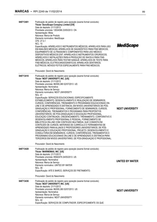 MARCAS - RPI 2249 de 11/02/2014
840713401

89

Publicação de pedido de registro para oposição (exame formal concluído)
Titular: SonoScape Company Limited [CN]
Data de depósito: 21/11/2013
Prioridade unionista: 12634396 23/05/2013 CN
Apresentação: Mista
Natureza: Marca de Produto
Elemento nominativo: MediScape
CFE: 27.5.1
NCL: 10
Especificação: APARELHOS E INSTRUMENTOS MÉDICOS, APARELHOS PARA USO
EM ANÁLISES MÉDICAS; APARELHOS DE DIAGNÓSTICO PARA FINS MÉDICOS,
EQUIPAMENTO DE ULTRASSOM E COMPONENTES PARA USO MÉDICO;
DISPOSITIVOS MÉDICOS ENT; APARELHOS E INSTRUMENTOS CIRÚRGICOS;
APARELHOS E INSTALAÇÕES PARA A PRODUÇÃO DE RAIOS-X PARA FINS
MÉDICOS; APARELHOS PARA TESTAR SANGUE; APARELHOS DE TESTE PARA
FINS MÉDICOS; ELETROCARDIOGRÁFICOS; APARELHOS DENTÁRIOS;
ELÉTRICOS; MÓVEIS FEITOS ESPECIALMENTE PARA FINS MÉDICOS.
Procurador: David do Nascimento

840713410

Publicação de pedido de registro para oposição (exame formal concluído)
Titular: NEXT UNIVERSITY, INC. [US]
Data de depósito: 21/11/2013
Prioridade unionista: 86/000,380 02/07/2013 US
Apresentação: Nominativa
Natureza: Marca de Serviço
Elemento nominativo: NEXT UNIVERSITY
NCL: 41
Especificação: SERVIÇOS EDUCACIONAIS, ESPECIFICAMENTE
ESTABELECIMENTO, DESENVOLVIMENTO E REALIZAÇÃO DE SEMINÁRIOS,
CURSOS, CONFERÊNCIAS, TREINAMENTO E PROGRAMAS EDUCACIONAIS ONLINE E DE APRENDIZADO À DISTÂNCIA, EM NÍVEIS UNIVERSITÁRIOS DE PÓSGRADUAÇÃO E PROFISSIONAL; FORNECIMENTO DE SEMINÁRIOS, CURSOS,
CONFERÊNCIAS, TREINAMENTOS E PROGRAMAS PARA PROPÓSITOS
UNIVERSITÁRIOS, DE PÓS-GRADUAÇÃO E EDUCAÇÃO PROFISSIONAL,
EDUCAÇÃO CONTINUADA, CREDENCIAMENTO, TREINAMENTO, CORPORATIVO E
DESENVOLVIMENTO PROFISSIONAL E PESSOAL; FORNECIMENTO DE
BIBLIOTECA ON-LINE COM CONTEÚDO MULTIMÍDIA, QUE CONSISTA EM
CONTEÚDO DE CURSOS, MATERIAIS DE CURRÍCULO E FERRAMENTAS DE
APRENDIZADO PARA ALUNOS E PROFESSORES UNIVERSITÁRIOS, DE PÓSGRADUAÇÃO E EDUCAÇÃO PROFISSIONAL; PROJETO, DESENVOLVIMENTO E
CONSULTORIA EM SEMINÁRIOS, CURSOS, CONFERÊNCIAS, TREINAMENTOS E
PROGRAMAS EDUCACIONAIS ON-LINE E DE APRENDIZADO À DISTÂNCIA PARA
TERCEIROS EM NÍVEIS UNIVERSITÁRIO, DE PÓS-GRADUAÇÃO E PROFISSIONAL.

NEXT UNIVERSITY

Procurador: David do Nascimento
840713428

Publicação de pedido de registro para oposição (exame formal concluído)
Titular: MARINEMAX, INC. [US]
Data de depósito: 21/11/2013
Prioridade unionista: 85942476 24/05/2013 US
Apresentação: Nominativa
Natureza: Marca de Serviço
Elemento nominativo: UNITED BY WATER
NCL: 39
Especificação: IATE E BARCO, SERVIÇOS DE FRETAMENTO.

UNITED BY WATER

Procurador: David do Nascimento
840713436

Publicação de pedido de registro para oposição (exame formal concluído)
Titular: NEXT UNIVERSITY, INC. [US]
Data de depósito: 21/11/2013
Prioridade unionista: 86/000,380 02/07/2013 US
Apresentação: Nominativa
Natureza: Marca de Serviço
Elemento nominativo: NEXT UNIVERSITY
NCL: 42
Especificação: SERVIÇOS DE COMPUTADOR, ESPECIFICAMENTE OS QUE

NEXT UNIVERSITY

 