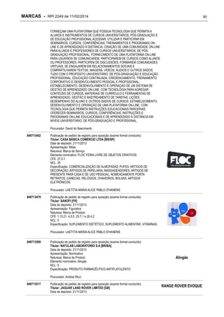 MARCAS - RPI 2249 de 11/02/2014

90

FORNEÇAM UMA PLATAFORMA QUE POSSUA TECNOLOGIA QUE PERMITA A
ALUNOS E INSTRUMENTOS DE CURSOS UNIVERSITÁRIOS, PÓS-GRADUAÇÃO E
DE EDUCAÇÃO PROFISSIONAL ACESSAR, UTILIZAR E PARTICIPAR EM
SEMINÁRIOS, CURSOS, CONFERÊNCIAS, TREINAMENTOS E PROGRAMAS ONLINE E DE APRENDIZADO À DISTÂNCIA; CRIAÇÃO DE UMA COMUNIDADE ON-LINE
PARA ALUNOS E PROFESSORES DE CURSOS UNIVERSITÁRIOS, DE PÓSGRADUAÇÃO PROFISSIONAL; FORNECIMENTO DE UMA PLATAFORMA ON-LINE
PARA USUÁRIOS SE COMUNICAREM, PARTICIPAREM DE CURSOS COMO ALUNOS
OU PROFESSORES, PARTICIPEM DE DISCUSSÕES, FORMAREM COMUNIDADES
VIRTUAIS, SE ENGAJAREM EM RELACIONAMENTOS SOCIAIS E
COMPARTILHAREM TEXTOS, IMAGENS, VÍDEOS, ÁUDIOS E OUTROS DADOS,
TUDO COM O PROPÓSITO UNIVERSITÁRIO, DE PÓS-GRADUAÇÃO E EDUCAÇÃO
PROFISSIONAL, EDUCAÇÃO CONTINUADA, CREDENCIAMENTO, TREINAMENTO
CORPORATIVO E DESENVOLVIMENTO PESSOAL E PROFISSIONAL;
ESTABELECIMENTO, DESENVOLVIMENTO E OPERAÇÃO DE UM SISTEMA DE
GESTÃO DE APRENDIZADO ON-LINE, COM TECNOLOGIA PARA AGREGAR
CONTEÚDO DE CURSOS, MATERIAIS DE CURRÍCULO E FERRAMENTAS DE
APRENDIZADO, GESTÃO E RASTREAMENTO DE TAREFAS, LIÇÕES,
DESEMPENHO DO ALUNO E OUTROS DADOS DE CURSOS; ESTABELECIMENTO,
DESENVOLVIMENTO E OPERAÇÃO DE UMA PLATAFORMA ON-LINE, COM
TECNOLOGIA QUE PERMITA INSTRUÇÕES EDUCACIONAIS PARCERIAS
OFERECER SEMINÁRIOS, CURSOS, CONFERÊNCIAS, INSTRUÇÕES E
PROGRAMAS ON-LINE EDUCACIONAIS E DE APRENDIZADO À DISTÂNCIA EM
NÍVEIS UNIVERSITÁRIO, DE PÓS-GRADUAÇÃO E PROFISSIONAL.
Procurador: David do Nascimento
840713452

Publicação de pedido de registro para oposição (exame formal concluído)
Titular: CASA BÁSICA COMÉRCIO LTDA [BR/SP]
Data de depósito: 21/11/2013
Apresentação: Mista
Natureza: Marca de Serviço
Elemento nominativo: FLOC FEIRA LIVRE DE OBJETOS CRIATIVOS
CFE: 27.5.1
NCL: 35
Especificação: COMERCIALIZAÇÃO DE ALMOFADAS, PUFES, ARTIGOS DE
DECORAÇÃO, ARTIGOS DE PAPELARIA, MASSAGEADORES, ARTIGOS DE
PRESENTE PARA CASA E DE USO PESSOAL, NOMEADAMENTE PORTA
RETRATOS, CANECAS, RELÓGIOS, CHAVEIROS, BOLSAS, ARTIGOS
ELETRÔNICOS.
Procurador: LAETITIA MARIA ALICE PABLO D'HANENS

840713479

Publicação de pedido de registro para oposição (exame formal concluído)
Titular: SANOFI [FR]
Data de depósito: 21/11/2013
Apresentação: Figurativa
Natureza: Marca de Produto
CFE: 1.15.21, 4.5.5, 25.7.1 e 26.4.2
NCL: 5
Especificação: SUPLEMENTO DIETÉTICO, SUPLEMENTO ALIMENTAR, VITAMINAS.
Procurador: LAETITIA MARIA ALICE PABLO D'HANENS

840713509

Publicação de pedido de registro para oposição (exame formal concluído)
Titular: NATULAB LABORATORIO S.A [BR/BA]
Data de depósito: 21/11/2013
Apresentação: Nominativa
Natureza: Marca de Produto
Elemento nominativo: Alivgás
NCL: 5
Especificação: PRODUTO FARMACÊUTICO ANTIFLATULENTO.

Alivgás

Procurador: Andrea Ricci
840713517

Publicação de pedido de registro para oposição (exame formal concluído)
Titular: JAGUAR LAND ROVER LIMITED [GB]
Data de depósito: 21/11/2013

RANGE ROVER EVOQUE

 