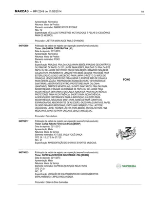 MARCAS - RPI 2249 de 11/02/2014

91

Apresentação: Nominativa
Natureza: Marca de Produto
Elemento nominativo: RANGE ROVER EVOQUE
NCL: 12
Especificação: VEÍCULOS TERRESTRES MOTORIZADOS E PEÇAS E ACESSÓRIOS
PARA OS MESMOS.
Procurador: LAETITIA MARIA ALICE PABLO D'HANENS
840713690

Publicação de pedido de registro para oposição (exame formal concluído)
Titular: UNI-CHARM CORPORATION [JP]
Data de depósito: 21/11/2013
Apresentação: Nominativa
Natureza: Marca de Produto
Elemento nominativo: POKO
NCL: 5
Especificação: FRALDAS; FRALDA-CALÇA PARA BEBÊS; FRALDAS DESCARTÁVEIS
OU FRALDAS DE PAPEL OU CELULOSE PARA BEBÊS; FRALDAS OU FRALDAS DE
PAPEL OU CELULOSE EM TIPO DE CALÇA PARA BEBÊS; BABADOR PARA BEBÊ;
CALÇAS PARA TREINAMENTO; LENÇOS PARA BEBÊ; LENÇOS PARA BEBÊ PARA
ESTERILIZAÇÃO; LENÇO UMEDECIDO PARA LIMPAR O ROSTO OU MÃOS DE
CRIANÇAS; LENÇO UMEDECIDO PARA LIMPAR O ROSTO E MÃO DE CRIANÇA
PARA ESTERILIZAÇÃO; PREPARAÇÕES FARMACÊUTICAS, VETERINÁRIAS E
SANITÁRIAS, ABSORVENTES ÍNTIMO; PROTETORES PARA CALCINHA
(SANITÁRIO); TAMPÕES MENSTRUAIS; SHORTS SANITÁRIOS; FRALDAS PARA
INCONTINÊNCIA; FRALDAS OU FRALDAS DE PAPEL OU CELULOSE PARA
INCONTINÊNCIA EM FORMATO DE CALÇA; ALMOFADA PARA INCONTINÊNCIA;
PROTETORES PARA INCONTINÊNCIA; SHORTS PARA INCONTINÊNCIA;
ALMOFADAS DE ENFERMAGEM PARA ALIMENTAÇÃO; CALÇÕES PARA
INCONTINÊNCIA, MÁSCARAS SANITÁRIAS, BAND-AID PARA CURATIVOS,
ESPARADRAPOS, ABSORVENTES DE ALGODÃO, GAZE PARA CURATIVOS, PAPEL
OLEADO PARA FINS MEDICINAIS, PASTILHAS FARMACÊUTICA, LACTOSE
(AÇÚCAR DO LEITE), FARINHA LÁCTEA (PARA BEBÊS), TAPA OLHO PARA FINS
MEDICINAIS, BAND-AID PARA ORELHAS, LENÇO UMEDECIDO.
Procurador: Pietro Ariboni

840714017

Publicação de pedido de registro para oposição (exame formal concluído)
Titular: Carlos Roberto Ferreira do Prado [BR/SP]
Data de depósito: 22/11/2013
Apresentação: Mista
Natureza: Marca de Serviço
Elemento nominativo: ATITUDE 3 AQUI VOCÊ DANÇA
CFE: 26.11.5, 27.5.9 e 27.7.25
NCL: 41
Especificação: APRESENTAÇÃO DE SHOWS E EVENTOS MUSICAIS.

840714025

Publicação de pedido de registro para oposição (exame formal concluído)
Titular: SUPREMA SERVIÇOS INDUSTRIAIS LTDA [BR/MG]
Data de depósito: 22/11/2013
Apresentação: Mista
Natureza: Marca de Serviço
Elemento nominativo: SUPREMA SERVIÇOS INDUSTRIAIS
CFE: 27.5.1
NCL: 37
Especificação: LOCAÇÃO DE EQUIPAMENTOS DE CARREGAMENTOS
EMPILHAMENTO, LIMPEZA MECANIZADA.
Procurador: Oldair da Silva Guimarães

POKO

 