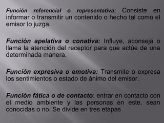 Función referencial o representativa: Consiste  en 
informar o transmitir un contenido o hecho tal como el 
emisor lo juzga.
Función apelativa o conativa: Influye,  aconseja  o 
llama la atención del receptor para que actúe de una 
determinada manera.
Función expresiva o emotiva: Transmite o expresa 
los sentimientos o estado de ánimo del emisor.
Función fática o de contacto: entrar en contacto con 
el  medio  ambiente  y  las  personas  en  este,  sean 
conocidas o no. Se divide en tres etapas
 