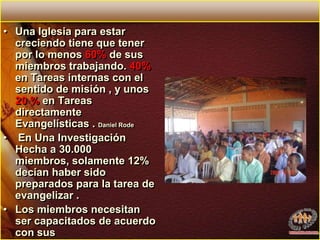 Una Iglesia para estar creciendo tiene que tener por lo menos 60% de sus miembros trabajando. 40% en Tareas internas con el sentido de misión , y unos  20 % en Tareas directamente Evangelísticas . Daniel Rode En Una Investigación Hecha a 30.000 miembros, solamente 12% decían haber sido preparados para la tarea de evangelizar .Los miembros necesitan ser capacitados de acuerdo con sus expectativas, necesidades y deseos.