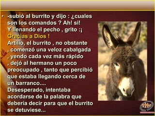 -subió al burrito y dijo : ¿cuales son los comandos ? Ah! si!Y llenando el pecho , grito :¡ Gracias a Dios !Artílio, el burrito , no obstante , comenzó una veloz cabalgada , yendo cada vez más rápido , dejó al hermano un poco preocupado , tanto que percibió que estaba llegando cerca de un barranco.... Desesperado, intentaba acordarse de la palabra que debería decir para que el burrito se detuviese...