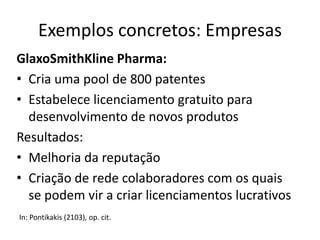 Exemplos concretos: Empresas
GlaxoSmithKline Pharma:
• Cria uma pool de 800 patentes
• Estabelece licenciamento gratuito para
desenvolvimento de novos produtos
Resultados:
• Melhoria da reputação
• Criação de rede colaboradores com os quais
se podem vir a criar licenciamentos lucrativos
In: Pontikakis (2103), op. cit.
 