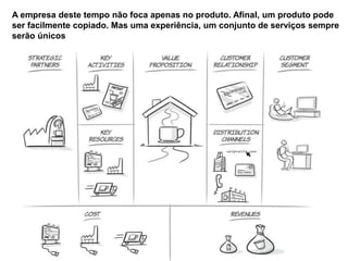 A empresa deste tempo não foca apenas no produto. Afinal, um produto pode
ser facilmente copiado. Mas uma experiência, um conjunto de serviços sempre
serão únicos
 