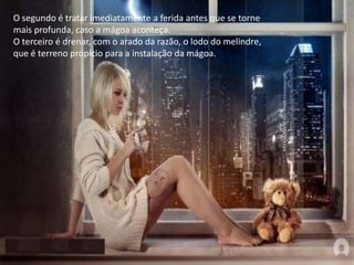 O segundo é tratar imediatamente a ferida antes que se torne
mais profunda, caso a mágoa aconteça.
O terceiro é drenar, com o arado da razão, o lodo do melindre,
que é terreno propício para a instalação da mágoa.
 