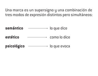 Una marca es un supersigno y una combinación de
tres modos de expresión distintos pero simultáneos:


semántico                 lo que dice

estético                  como lo dice

psicológico               lo que evoca
 