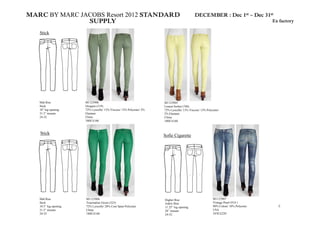 MARC BY MARC JACOBS Resort 2012 STANDARD                                                    DECEMBER : Dec 1st – Dec 31st
               SUPPLY                                                                                                                 Ex factory

   Stick




   Mid Rise            M1123906                                       M1123905
   Stick               Oregano (319)                                  Lemon Sorbet (740)
   10” leg opening     72% Lyocelle/ 13% Viscose/ 13% Polyester/ 2%   72% Lyocelle/ 13% Viscose/ 13% Polyester/
   31.5” i
   31 5” inseam        Elastane
                       El t                                           2% El t
                                                                         Elastane
   24-32               China                                          China
                       180E/£160                                      180E/£160



   Stick                                                              Sofie Cigarette




   Mid Rise            M1123904                                       Higher Rise                         M1123907
   Stick               Tourmaline Green (323)                         Ankle Slim                          Vintage Pearl (914 )
   10.5” leg opening   72% Lyocelle/ 28% Core Spun Polyester          11.25” leg opening                  90% Cotton/ 10% Polyester     4
   31.5” inseam        China                                          28” inseam                          USA
   24-32               180E/£160                                      24-32                               245E/£220
 