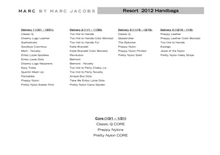 Resort 2012 Handbags



Delivery 1 (10/1 – 10/31):   Delivery 2 (11/1 – 11/30):        Delivery 3 (11/15 – 12/15):   Delivery 4 (12/15 – 1/15):
Classic Q                    Too Hot to Handle                 Classic Q                     Preppy Leather
Dreamy Logo Leather          Too Hot to Handle Color Blocked   Globetrotter                  Preppy Leather Color Blocked
Sophisticato                 Too Hot to Handle Fur             The Ziplocker                 Too Hot to Handle
Goodbye Columbus             Katie Bracelet                    Preppy Nylon                  Explogo
Merit – Novelty              Katie Bracelet Color Blocked      Preppy Nylon Printed          Jewel of the Nylon
Embo Lizzie Spotless         Revolution                        Pretty Nylon Solid            Pretty Nylon Haley Stripe
Embo Lizzie Dots             Belmont
Dreamy Logo Neoprene         Belmont – Novelty
Eazy Totes                   Too Hot to Party Chalky Liz
Quentin Mash Up              Too Hot to Party Novelty
Packables                    Amaze Box Dots
Preppy Nylon                 Take Me Embo Lizzie Dots
Pretty Nylon Exeter Print    Pretty Nylon Camo Garden




                                                 Core (10/1 – 1/31)
                                                  Classic Q CORE
                                                   Preppy Nylons
                                                 Pretty Nylon CORE
 
