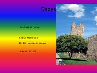 Dades

Provìncia tarragona



Capital montblanc

Gentilici conquenc conqua


Poblacio 21. 502
 