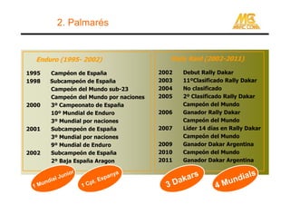 2. Palmarés


  Enduro (1995- 2002)                            Rally Raid (2002-2011)

1995      Campéon de España                   2002   Debut Rally Dakar
1998      Subcampeón de España                2003   11ºClasificado Rally Dakar
          Campeón del Mundo sub-23            2004   No clasificado
          Campeón del Mundo por naciones      2005   2º Clasificado Rally Dakar
2000      3º Campeonato de España                    Campeón del Mundo
          10º Mundial de Enduro               2006   Ganador Rally Dakar
          3º Mundial por naciones                    Campeón del Mundo
2001      Subcampeón de España                2007   Líder 14 días en Rally Dakar
          3º Mundial por naciones                    Campeón del Mundo
          9º Mundial de Enduro                2009   Ganador Dakar Argentina
2002      Subcampeón de España                2010   Campeón del Mundo
          2º Baja España Aragon               2011   Ganador Dakar Argentina

                 io r
                                                                        ials
                                          a             s
                                       any
        ndi
           al Jun
                           pt   .   Esp
                                                  Dakar              und
 1M
       u                1C                      3               4M
 
