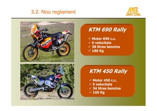 3.2. Nou reglament


                     KTM 690 Rally
                      Motor 690 c.c.
                      6 velocitats
                      38 litres benzina
                      180 Kg




                     KTM 450 Rally
                      Motor 450 c.c.
                      5 velocitats
                      34 litres benzina
                      160 Kg
 
