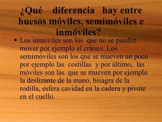 ¿Qué   diferencia  hay entre huesos móviles, semimóviles e inmóviles?  Los in móviles son los  que no se pueden mover por ejemplo el cráneo. Los semimóviles son los que se mueven un poco por ejemplo las  costillas  y por último,  las mòviles son las  que se mueven por ejemplo la deslizante de la mano, bisagra de la rodilla, esfera cavidad en la cadera y pivote en el cuello.  