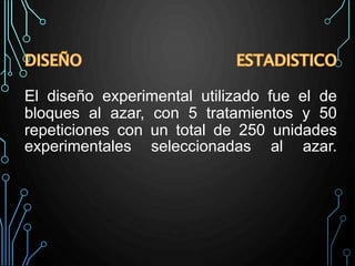 El diseño experimental utilizado fue el de
bloques al azar, con 5 tratamientos y 50
repeticiones con un total de 250 unidades
experimentales seleccionadas al azar.
 