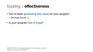 Marcel Böhme, Max Planck Institute for Security and Privacy · RUB Tag der Informatik · The Curious Case of Fuzzing for Automated Software Testing
• You’ve been generating test cases for your program. 

• No bugs found! 👍 

• Is your program free of bugs?
fuzzing :: effectiveness
[ESEC/FSE’21] “Estimating Residual Risk in Greybox Fuzzing
”

Böhme, Liyanage, and Wüstholz
 