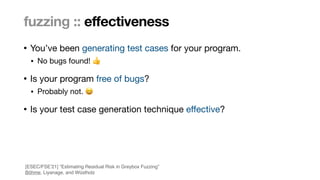 Marcel Böhme, Max Planck Institute for Security and Privacy · RUB Tag der Informatik · The Curious Case of Fuzzing for Automated Software Testing
• You’ve been generating test cases for your program. 

• No bugs found! 👍 

• Is your program free of bugs?

• Probably not. 😆

• Is your test case generation technique e
ff
ective?
fuzzing :: effectiveness
[ESEC/FSE’21] “Estimating Residual Risk in Greybox Fuzzing
”

Böhme, Liyanage, and Wüstholz
 