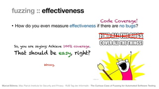 Marcel Böhme, Max Planck Institute for Security and Privacy · RUB Tag der Informatik · The Curious Case of Fuzzing for Automated Software Testing
• How do you even measure e
ff
ectiveness if there are no bugs?
fuzzing :: effectiveness
Code Coverage!
So, you are saying: Achieve 100% coverage.


That should be easy, right?
Wrong.
 