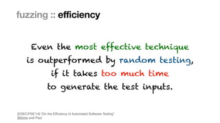 Marcel Böhme, Max Planck Institute for Security and Privacy · RUB Tag der Informatik · The Curious Case of Fuzzing for Automated Software Testing
fuzzing :: efficiency
Even the most effective technique
 
is outperformed by random testing,
 
if it takes too much time
 
to generate the test inputs.
[ESEC/FSE’14] “On the Ef
fi
ciency of Automated Software Testing
”

Böhme and Paul
 