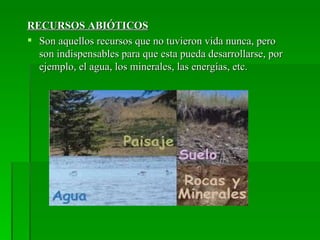 RECURSOS ABIÓTICOS
 Son aquellos recursos que no tuvieron vida nunca, pero
  son indispensables para que esta pueda desarrollarse, por
  ejemplo, el agua, los minerales, las energías, etc.
 