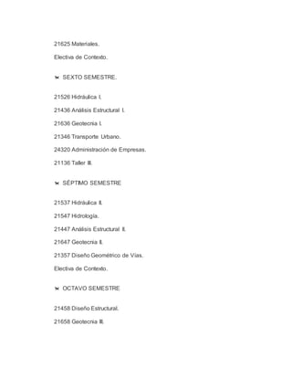 21625 Materiales. 
Electiva de Contexto. 
 SEXTO SEMESTRE. 
21526 Hidráulica I. 
21436 Análisis Estructural I. 
21636 Geotecnia I. 
21346 Transporte Urbano. 
24320 Administración de Empresas. 
21136 Taller III. 
 SÉPTIMO SEMESTRE 
21537 Hidráulica II. 
21547 Hidrología. 
21447 Análisis Estructural II. 
21647 Geotecnia II. 
21357 Diseño Geométrico de Vías. 
Electiva de Contexto. 
 OCTAVO SEMESTRE 
21458 Diseño Estructural. 
21658 Geotecnia III. 
 