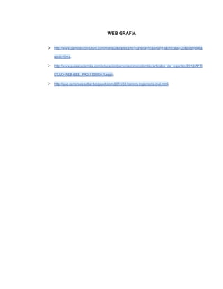 WEB GRAFIA 
 http://www.carrerasconfuturo.com/mensualidades.php?carrera=10&lima=16&chiclayo=20&post=646& 
sede=lima. 
 http://www.guiaacademica.com/educacion/personas/cms/colombia/articulos_de_expertos/2012/ARTI 
CULO-WEB-EEE_PAG-11598041.aspx. 
 http://que-carreraestudiar.blogspot.com/2013/01/carrera-ingenieria-civil.html. 
